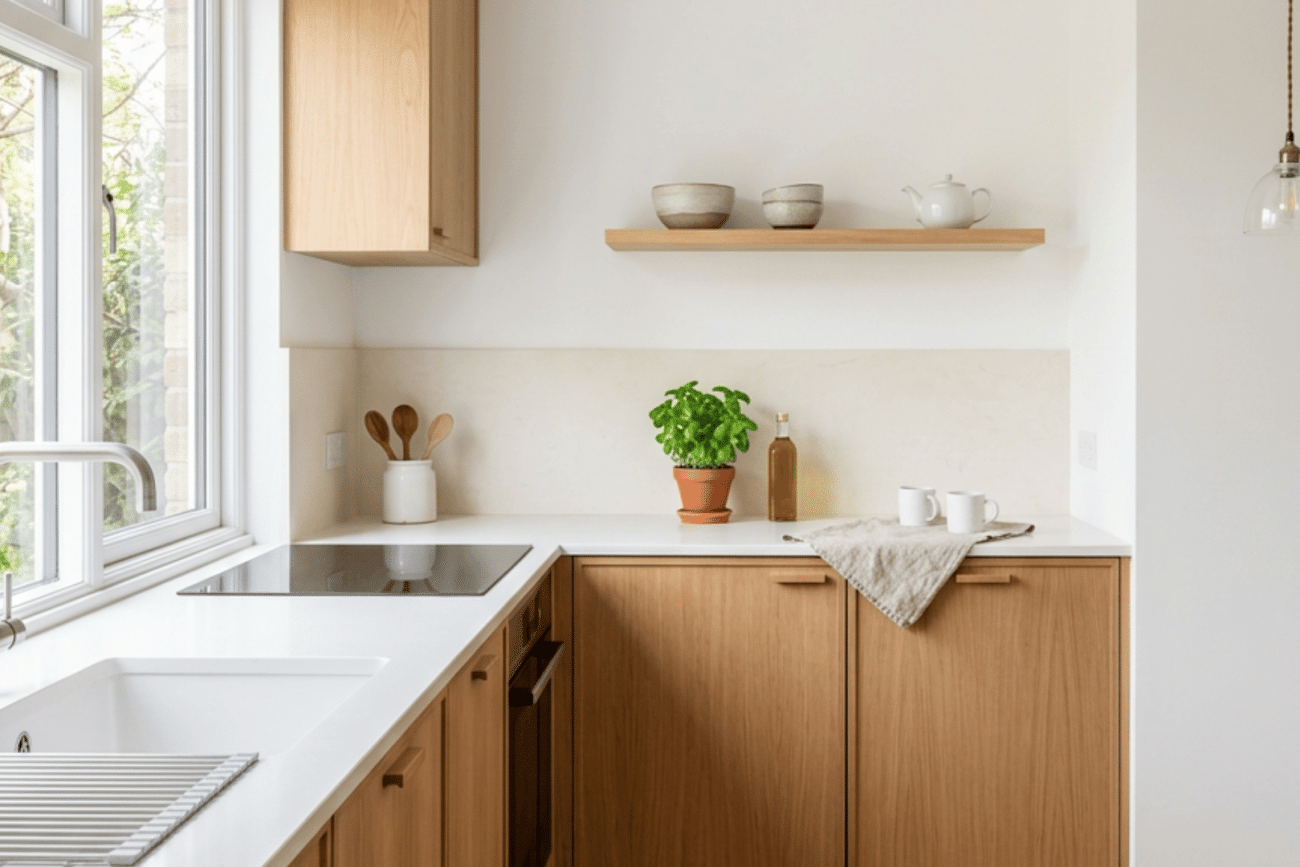 a minimalist small kitchen with warm wood cabinets and white countertops and a single open shelf and natural light coming through a large window