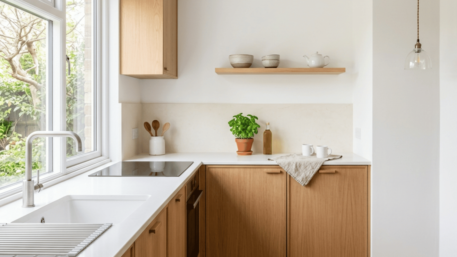 a minimalist small kitchen with warm wood cabinets and white countertops and a single open shelf and natural light coming through a large window