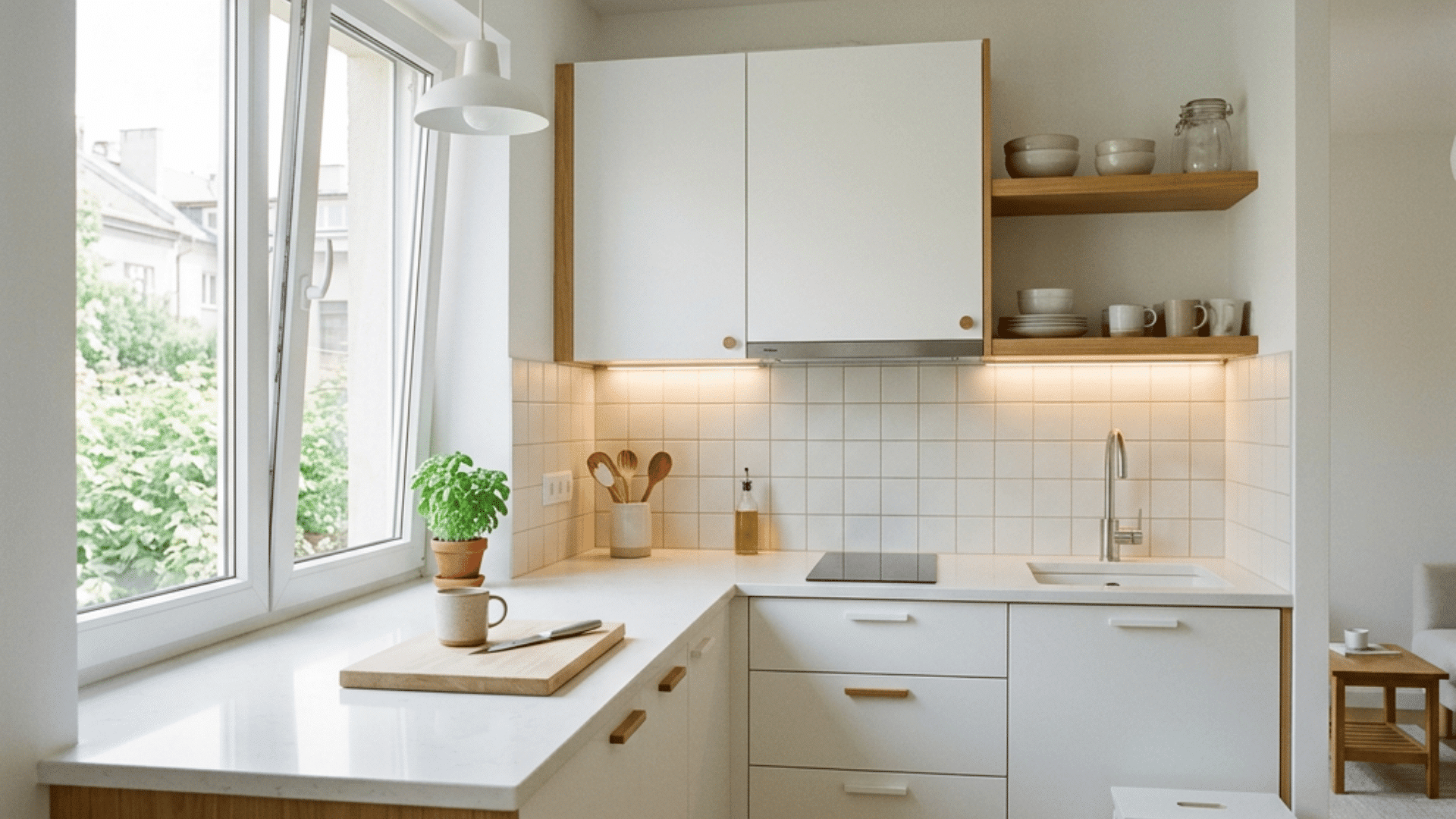 a minimalist small kitchen with white cabinets and under cabinet lighting and light wood open shelves and a large window providing natural brightness