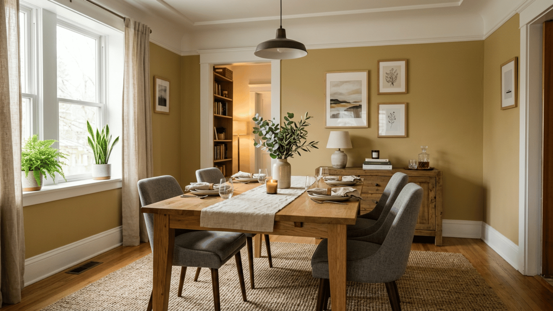 a mustard dining room with wooden table gray upholstered chairs window plants linen curtains framed art and rustic sideboard