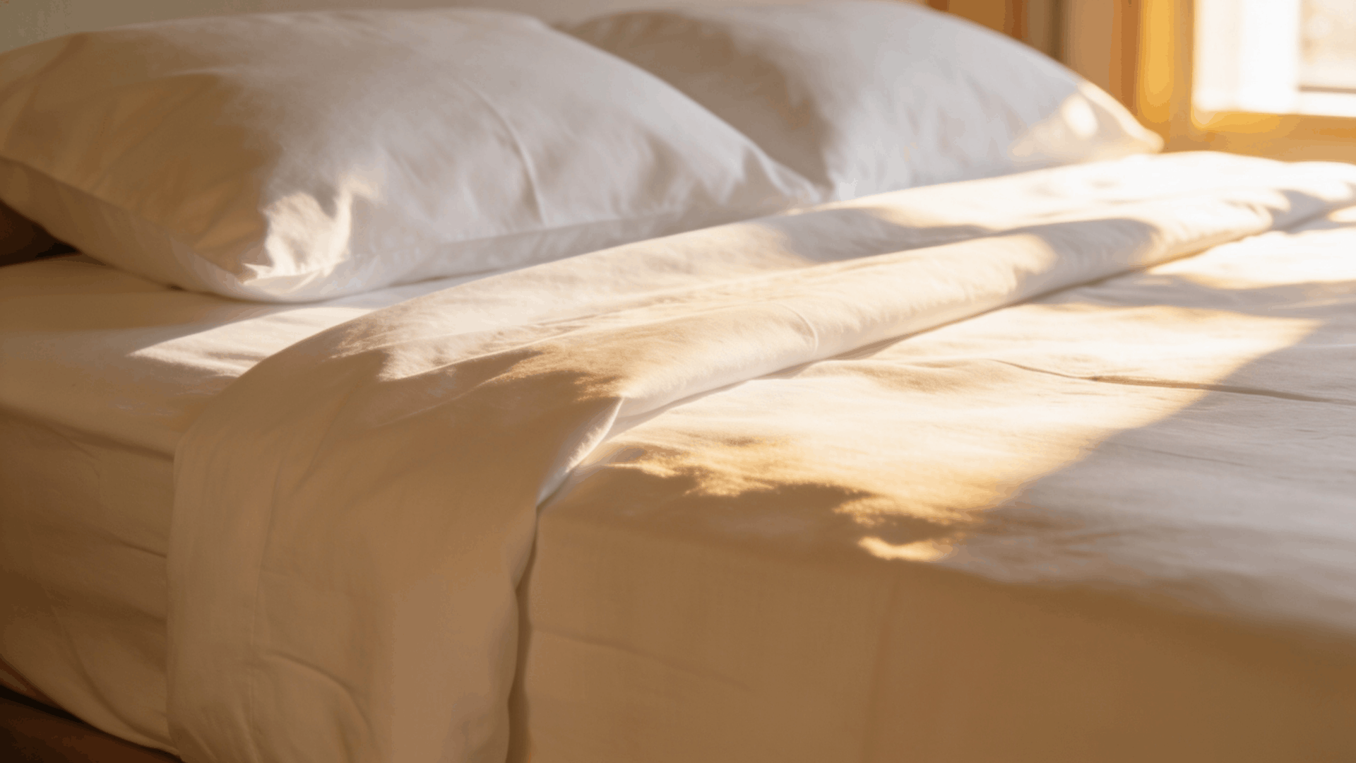 a neatly made bed with soft fitted sheet and flat sheet folded back clean white bedding natural morning light