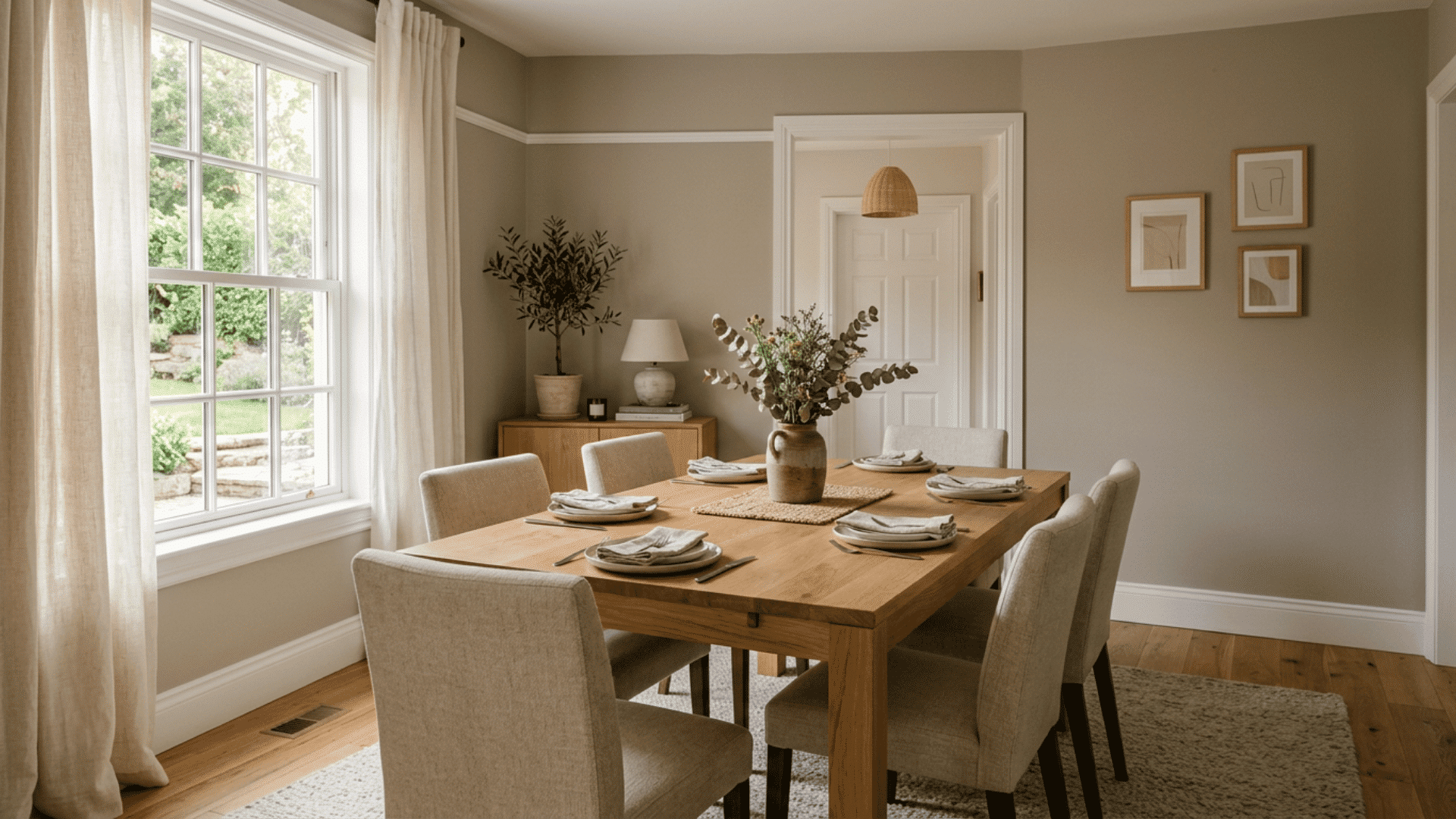 a neutral dining room with wooden table beige chairs large window linen curtains potted tree sideboard and framed art