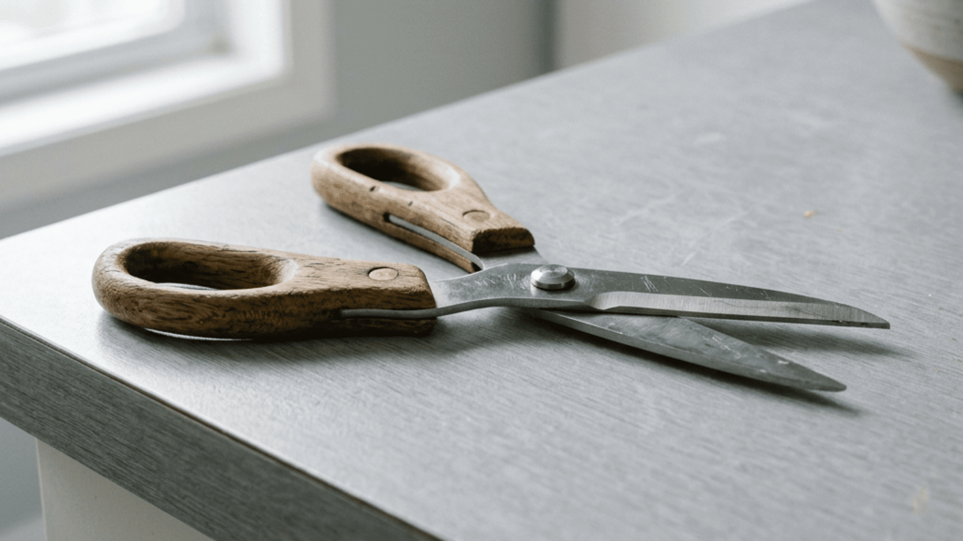 a pair of kitchen scissors with wood handles placed open on a grey wood surface with a white kitchen and soft natural light visible in the background
