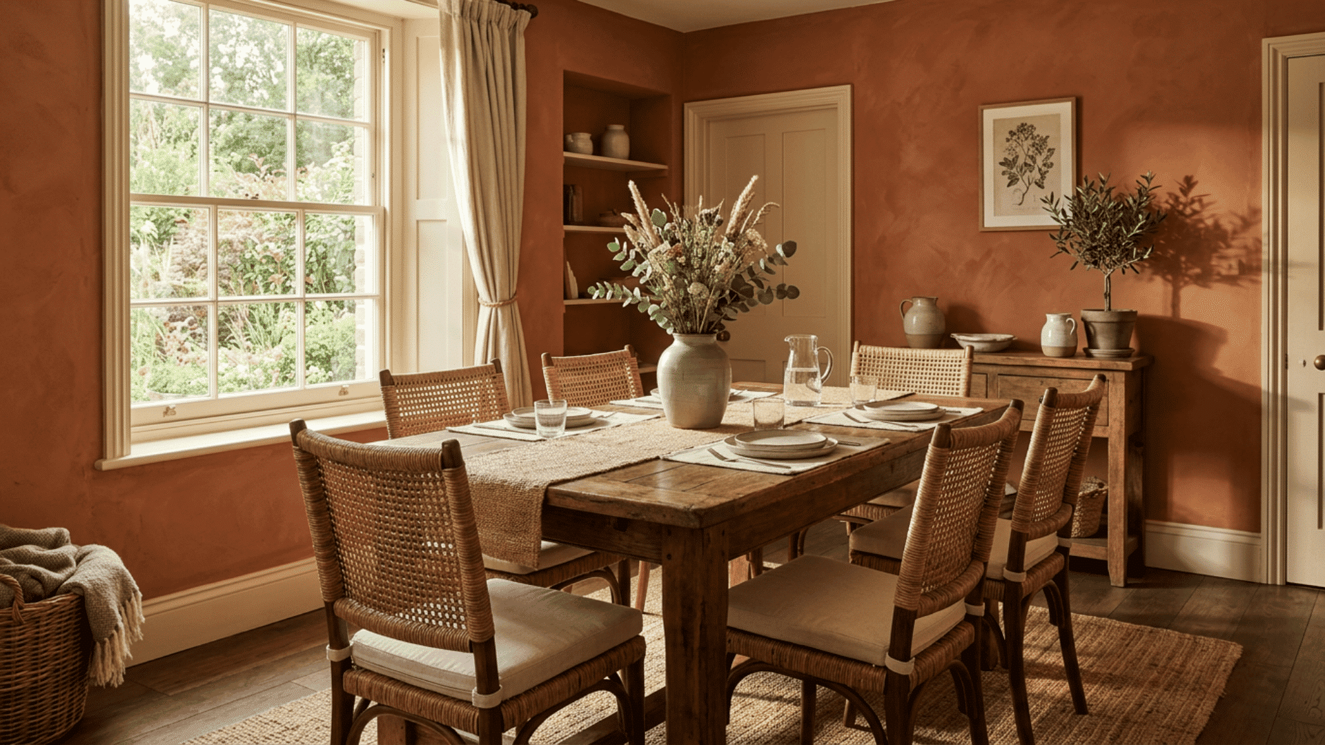a rustic dining room with terracotta walls wooden table woven chairs garden window floral vase and potted tree