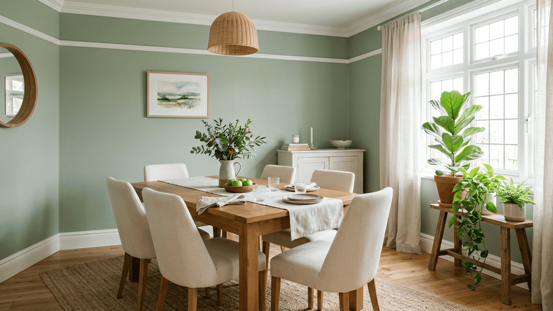 a sage green dining room with a wooden table cream chairs wicker pendant large window linen curtains and leafy plants