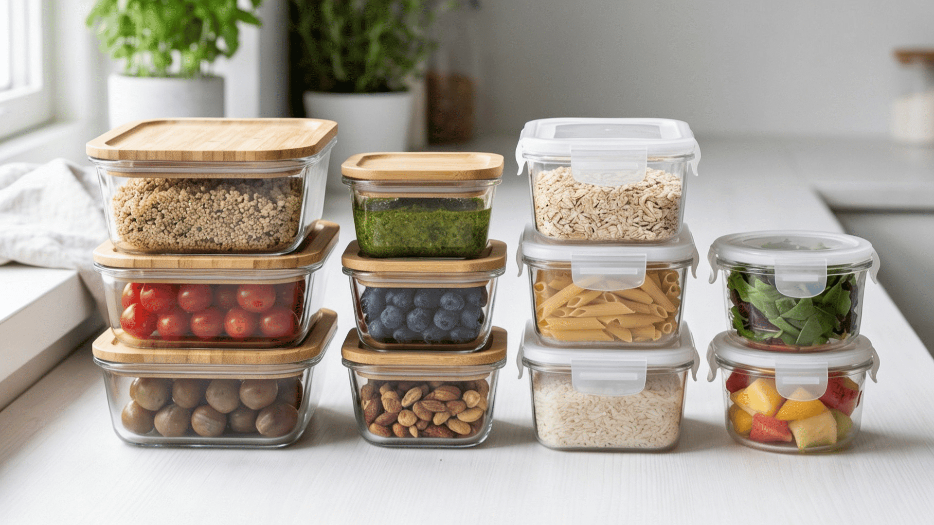 a set of glass and plastic food storage containers with matching lids stacked neatly on a white counter with fresh herbs and soft natural light in the background