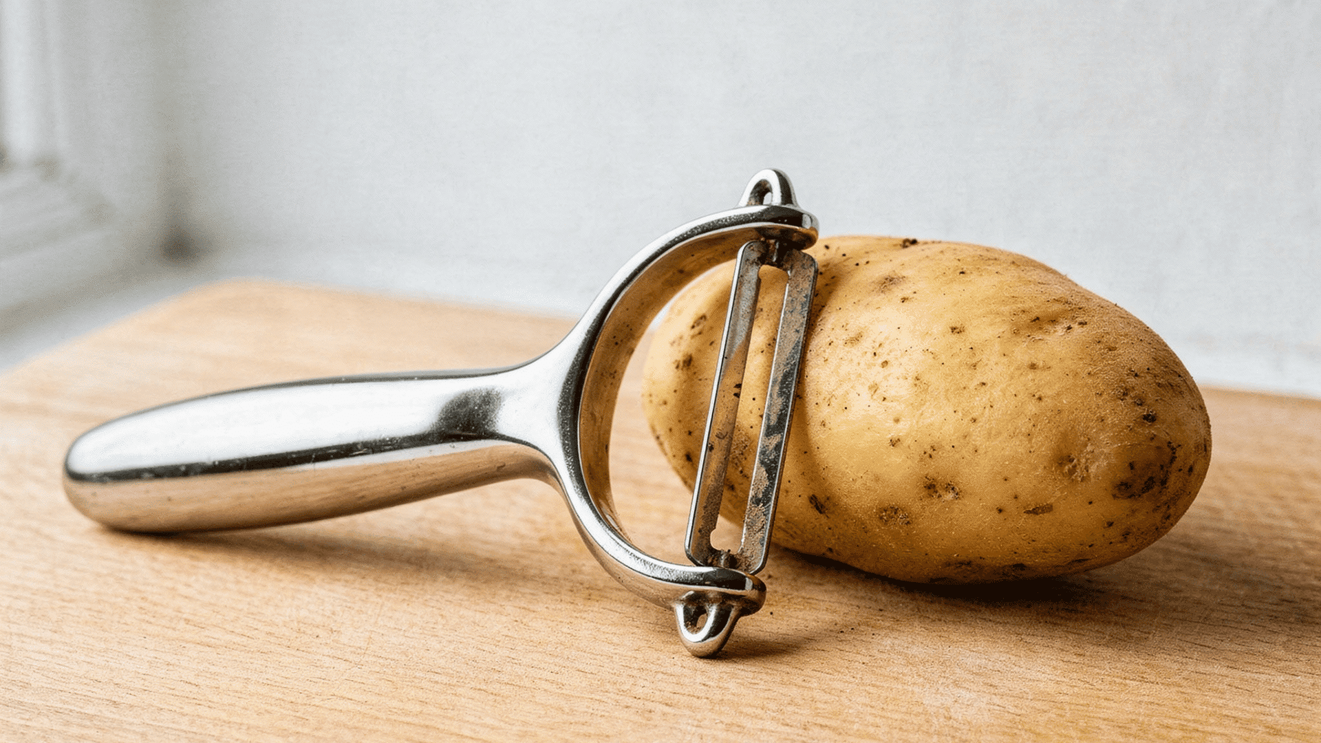 a single stainless steel vegetable peeler resting next to a potato on a light wood cutting board with a clean white background and soft natural light