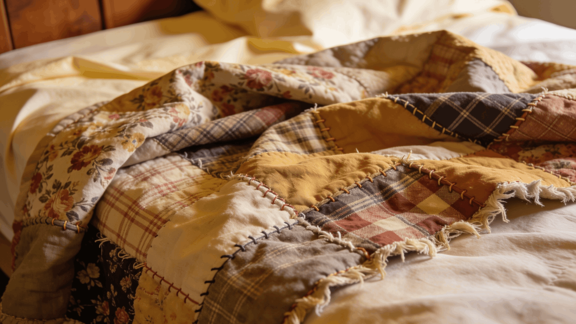 a stitched quilt on a bed showing layered fabric texture patchwork detail cozy bedroom lighting