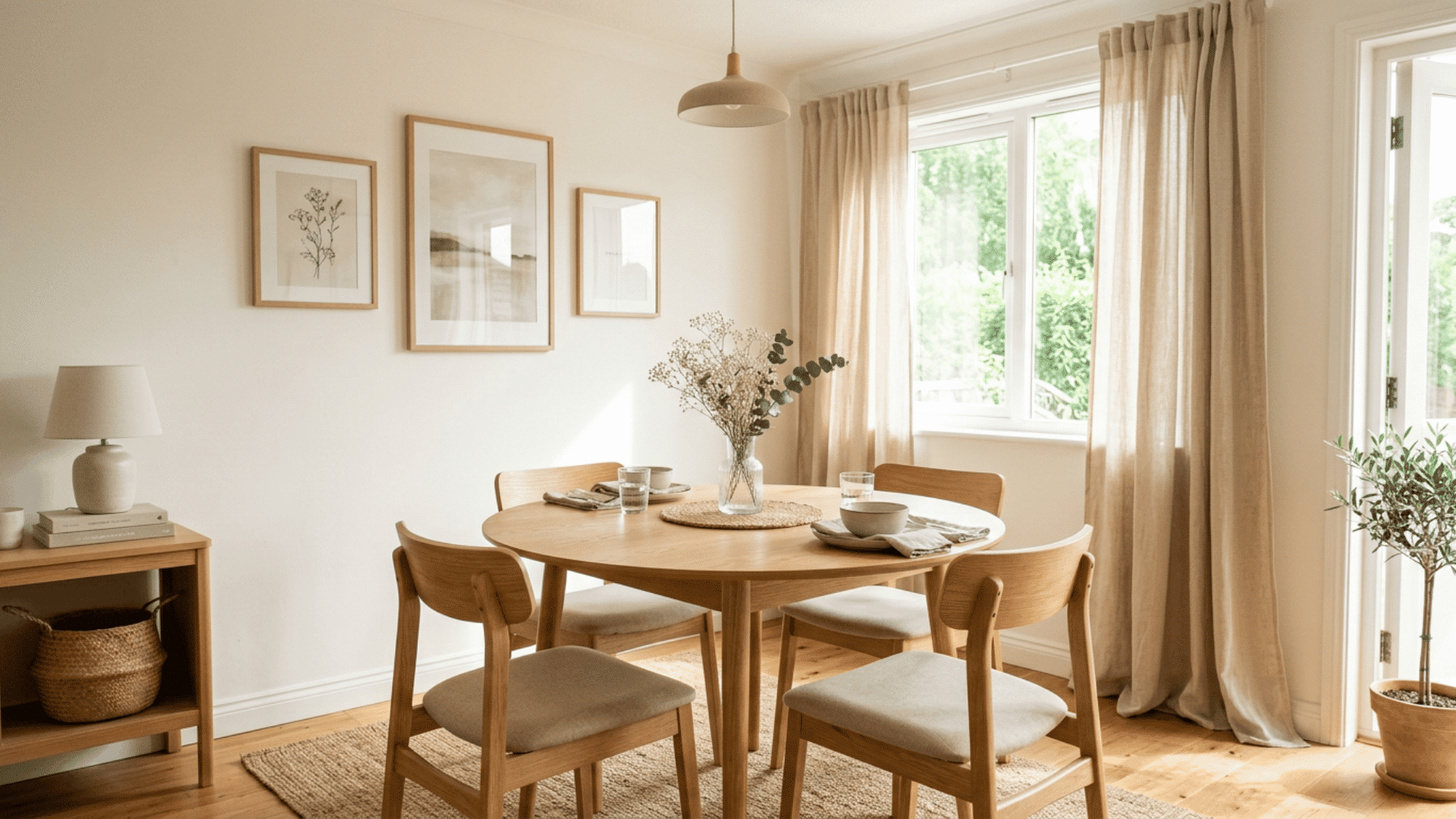 a sunlit dining room with round wooden table four chairs linen curtains framed art potted plant and soft pendant light