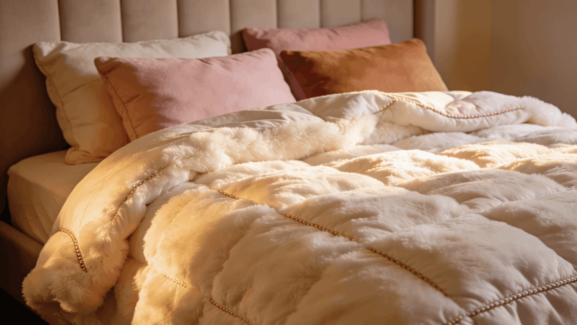 a thick fluffy comforter soft pillows warm bedroom lighting showing full padded bedding texture