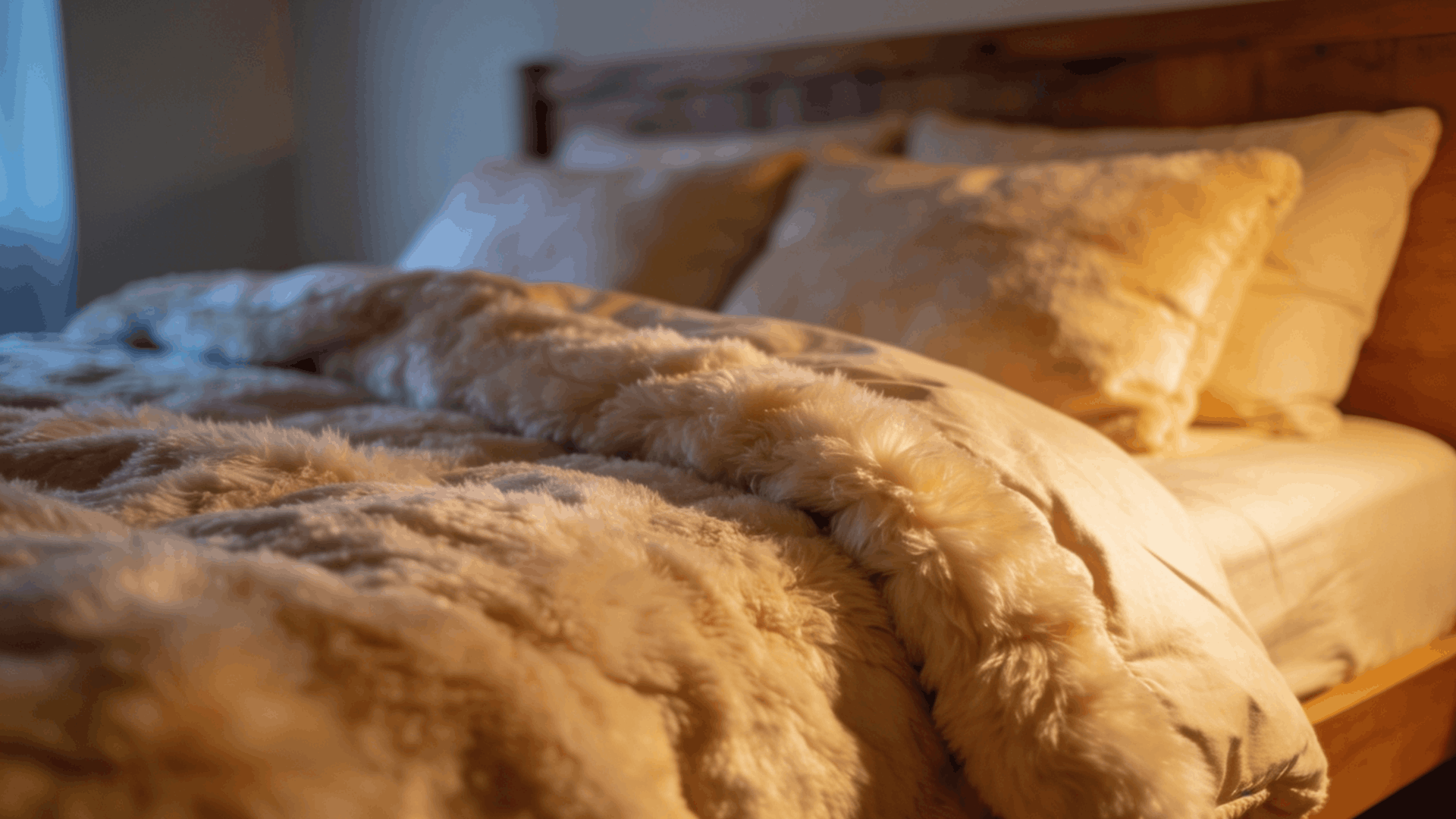 a thick fluffy comforter spread across a bed with soft pillows warm cozy bedroom lighting
