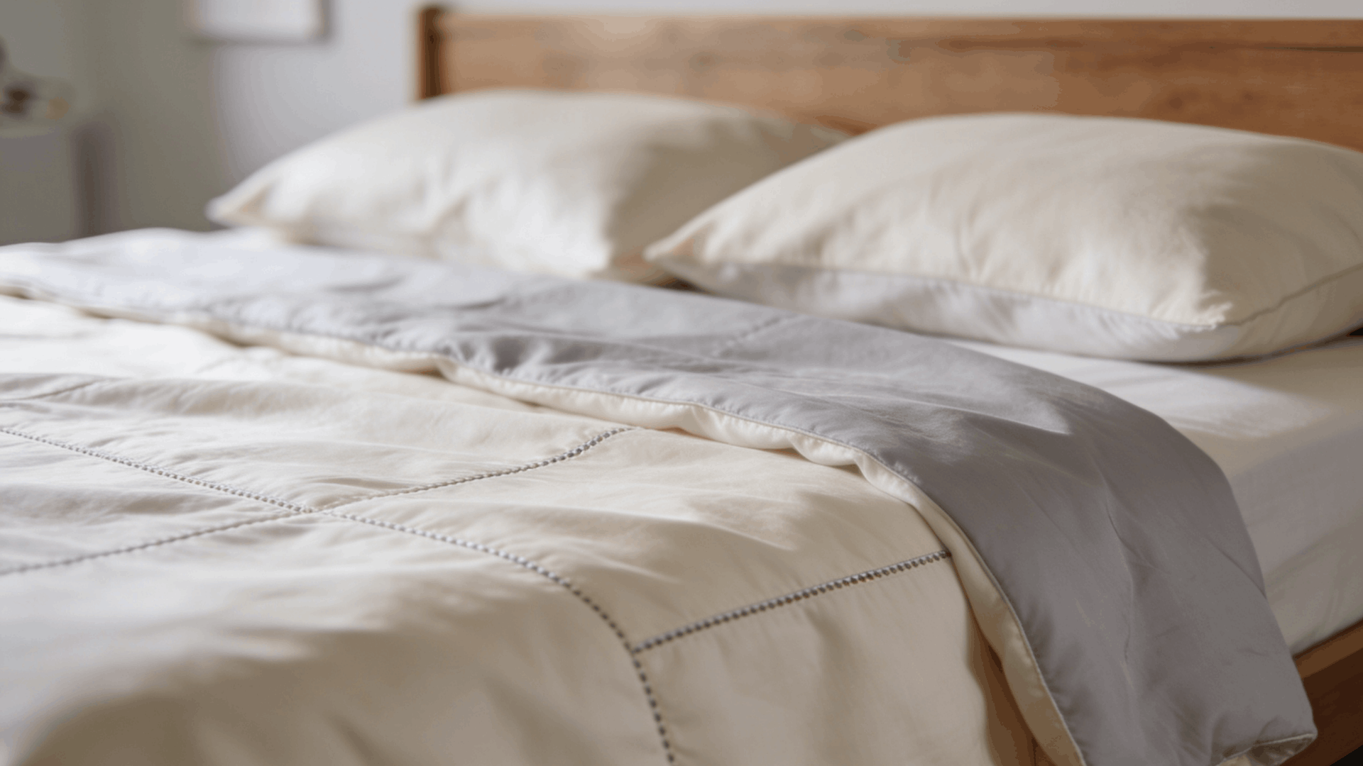 a thin lightweight coverlet spread neatly over a bed with smooth fabric soft pillows neutral bedroom style