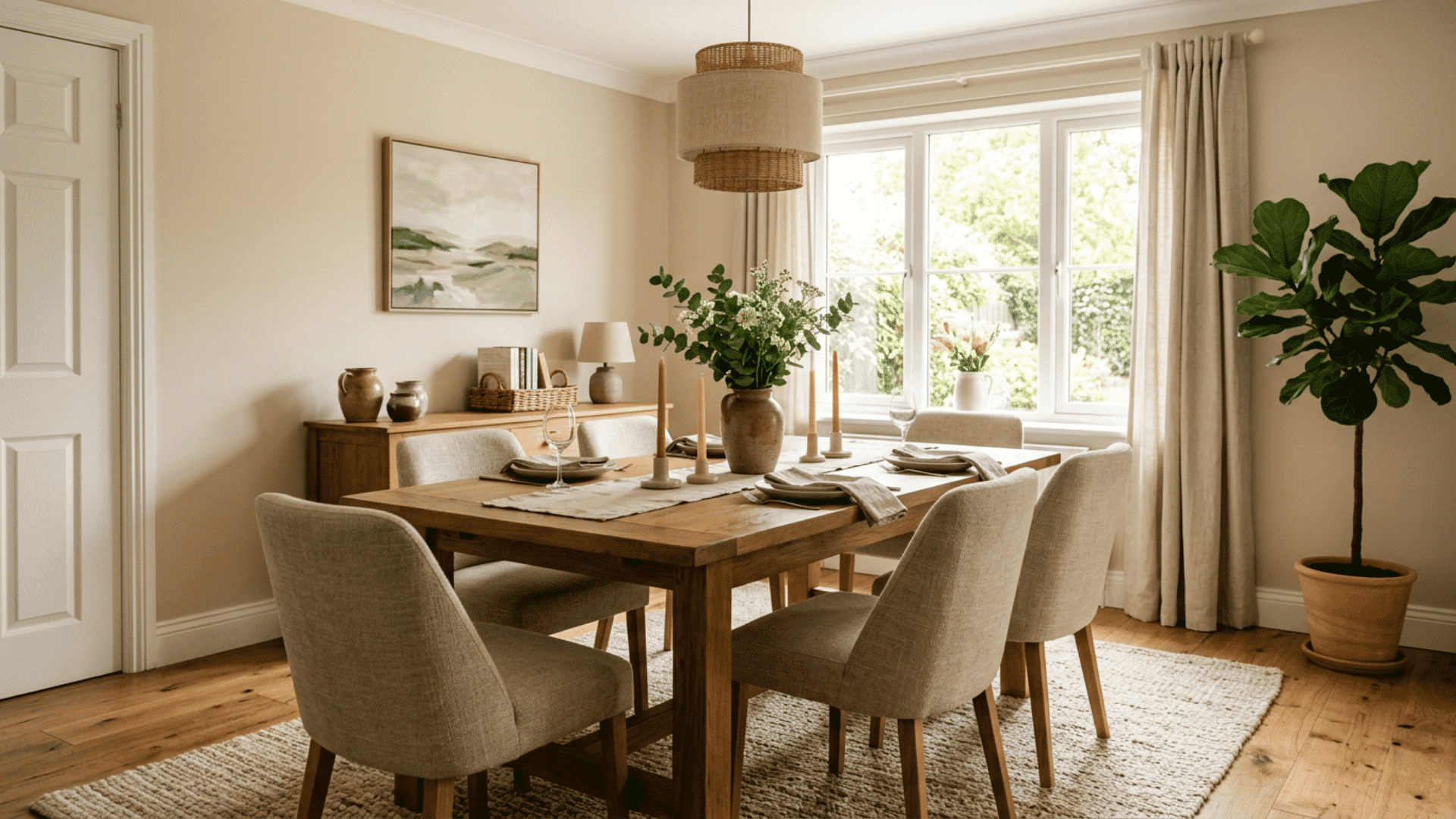 a warm dining room with wooden table beige chairs sheer curtains potted plant landscape art and glowing pendant light