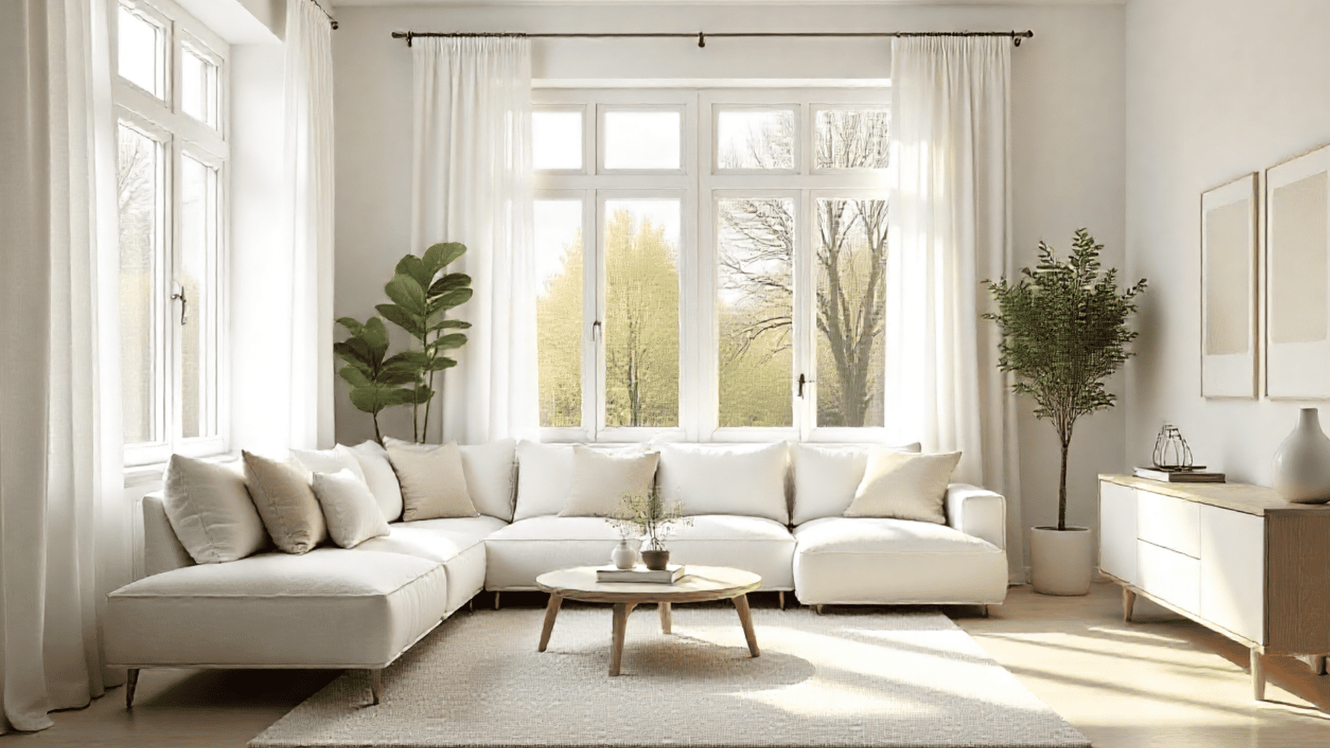 airy living room featuring a large sectional sofa a round coffee table and a credenza with artwork above it