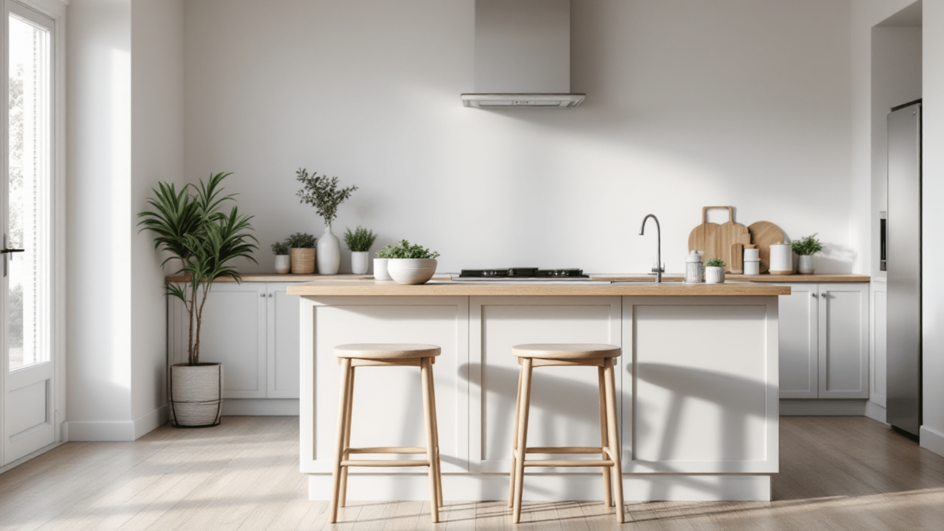 backless birch bar stools linen cushions light oak island white walls pale floors scandi kitchen