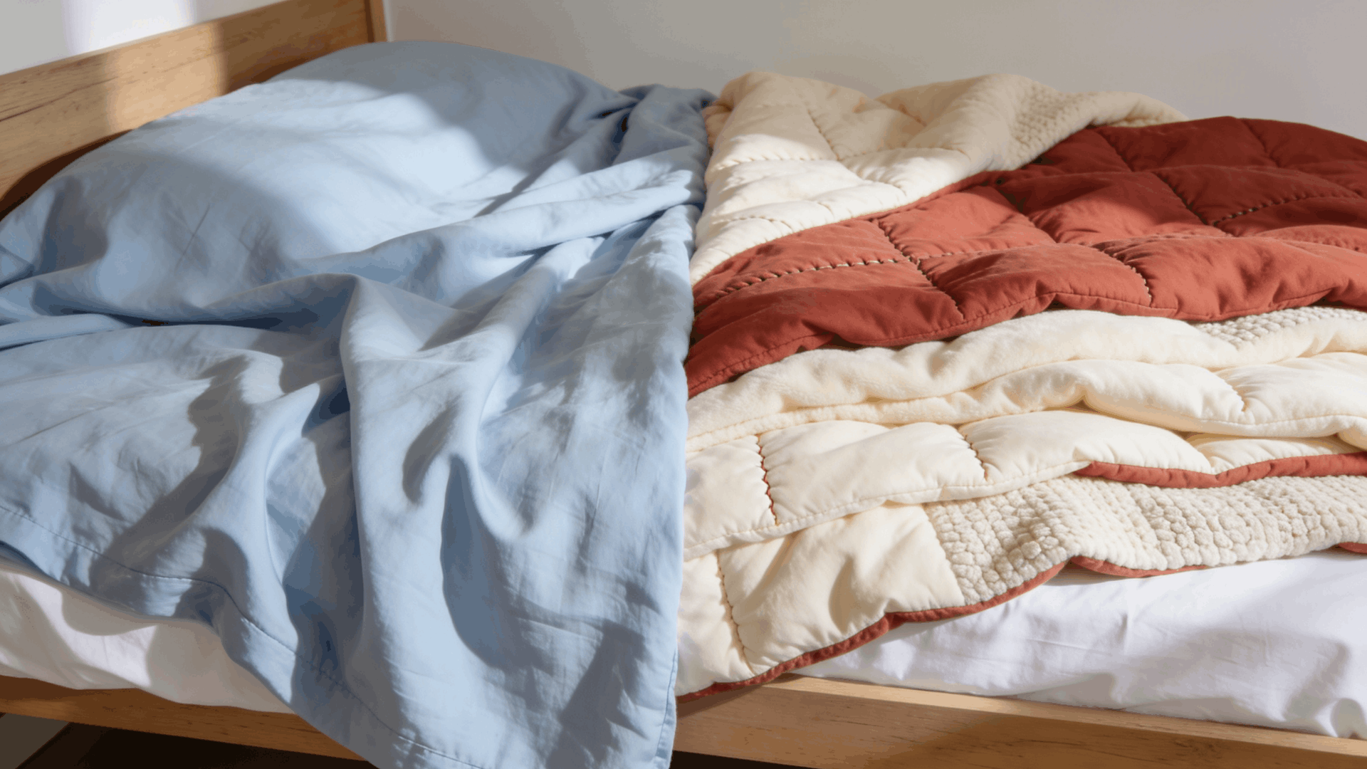 bed styled for warm and cool seasons with a light coverlet on one side and cozy quilt layers on the other