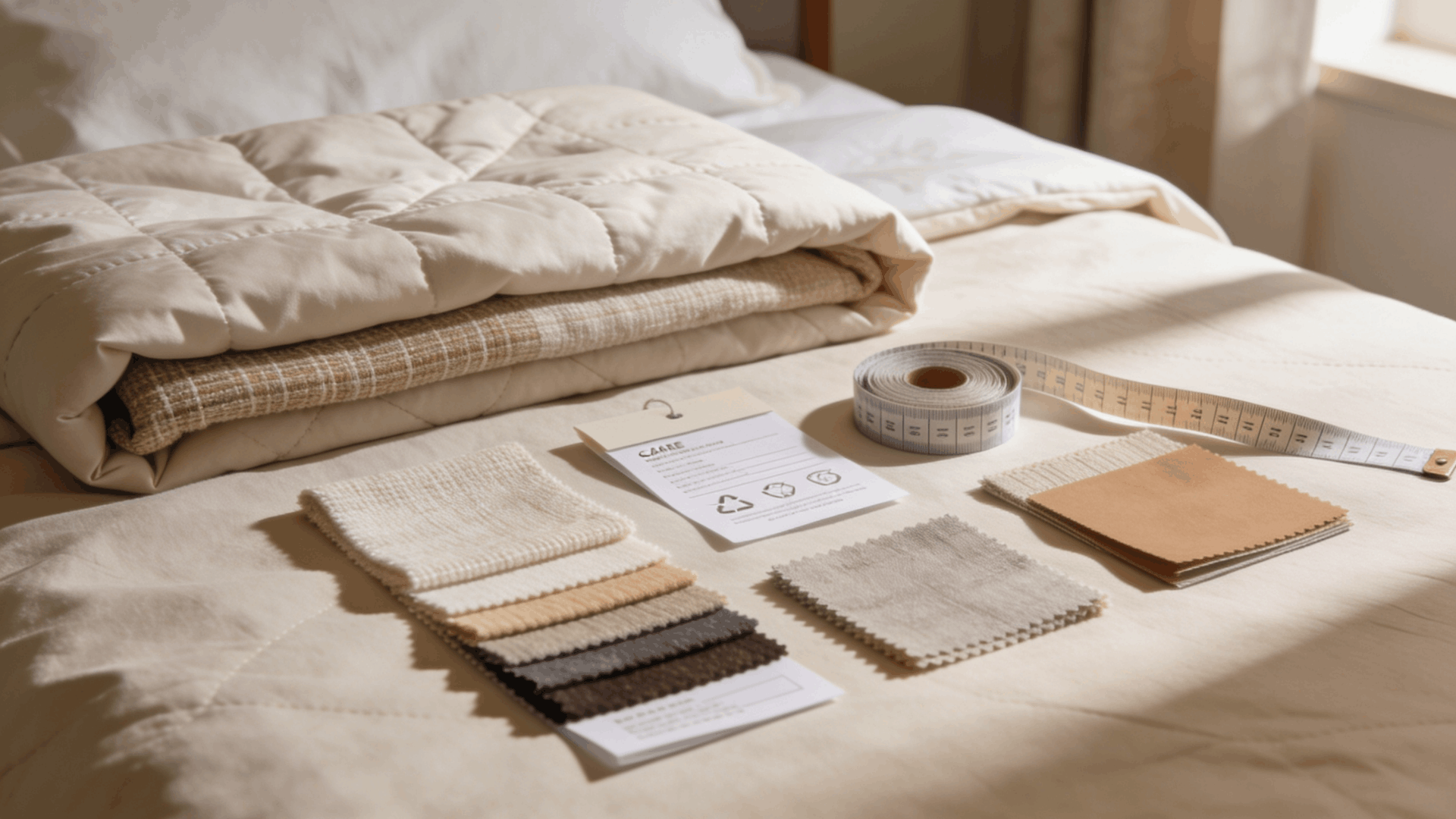 bedroom scene with folded coverlet comforter fabric swatches care labels measuring tape and bedding samples on a bed