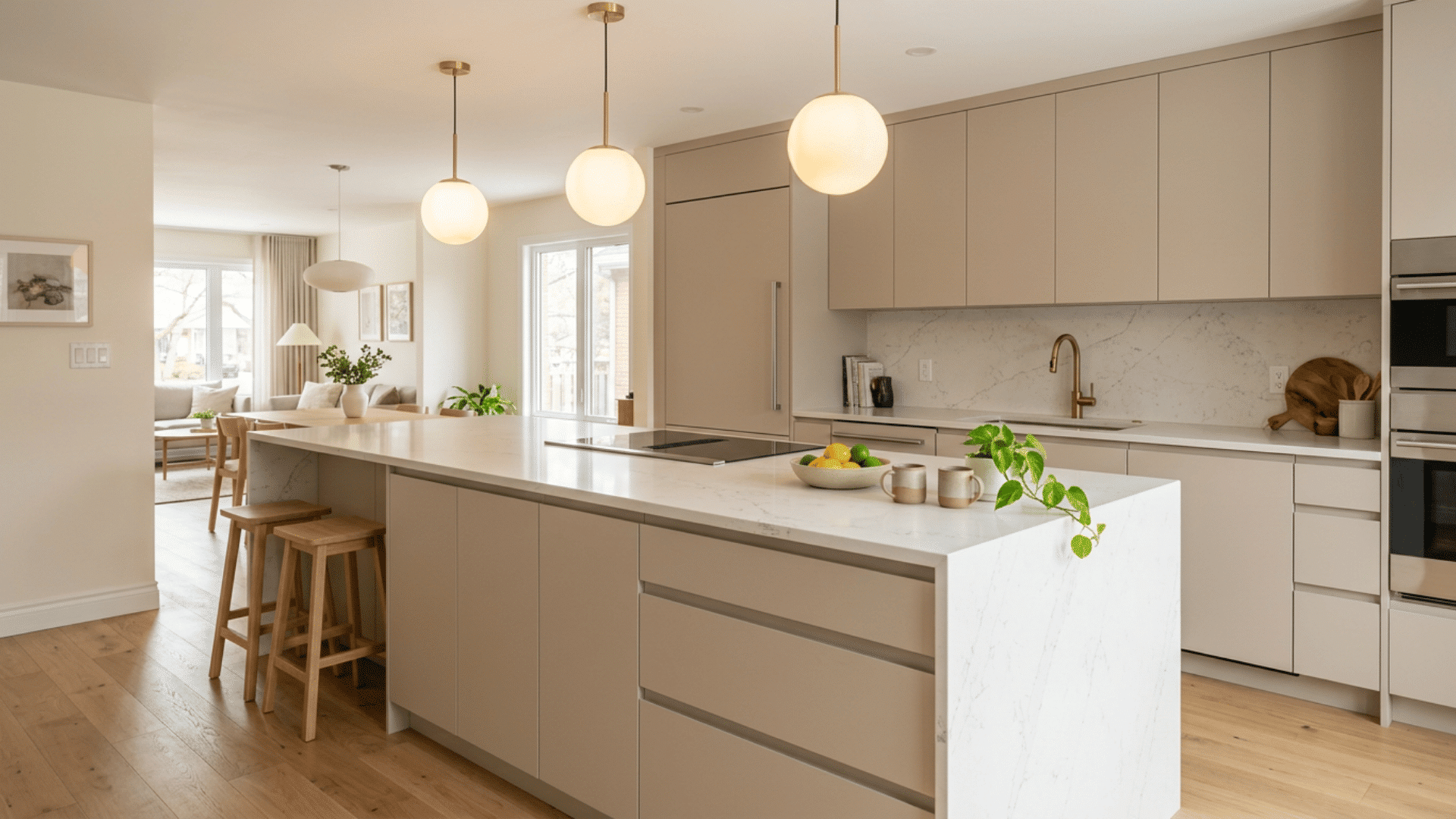 beige open plan kitchen with marble island globe pendant lights wood stools brass faucet and living room beyond