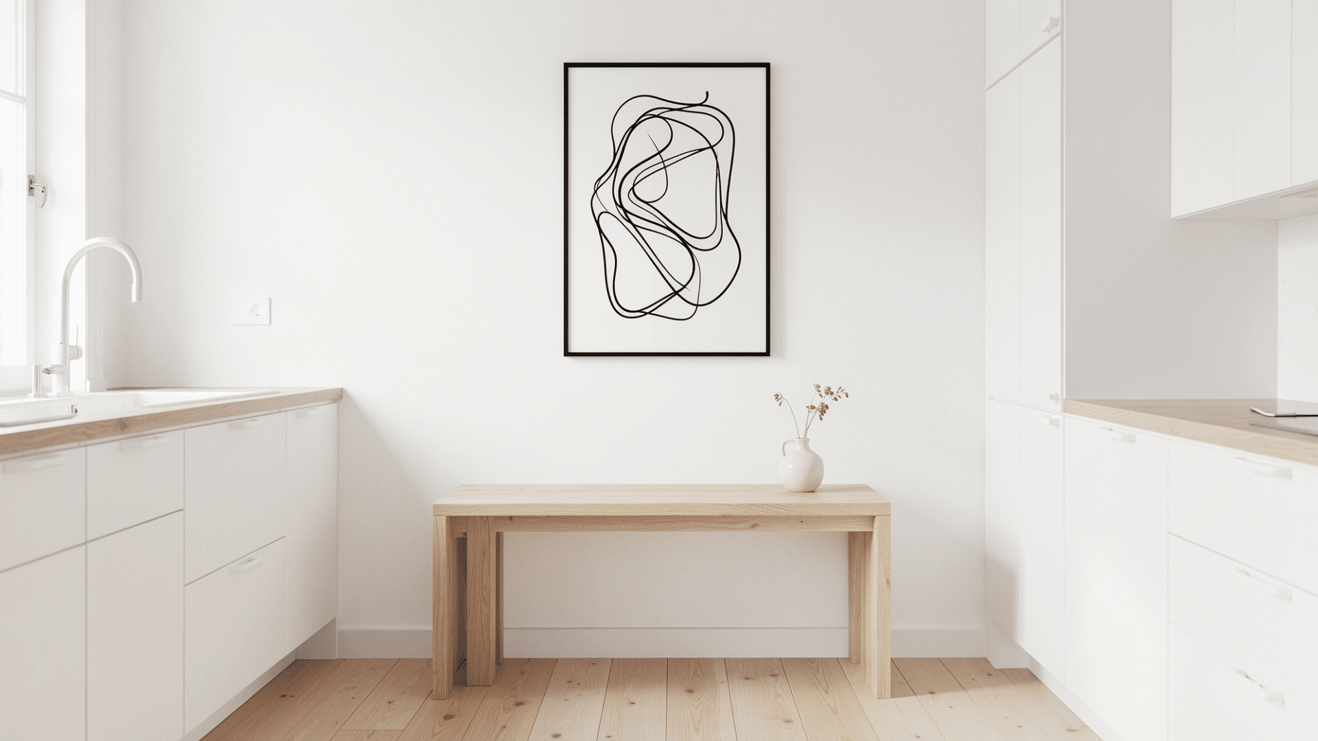 black and white print or a clean abstract line drawing in a thin frame