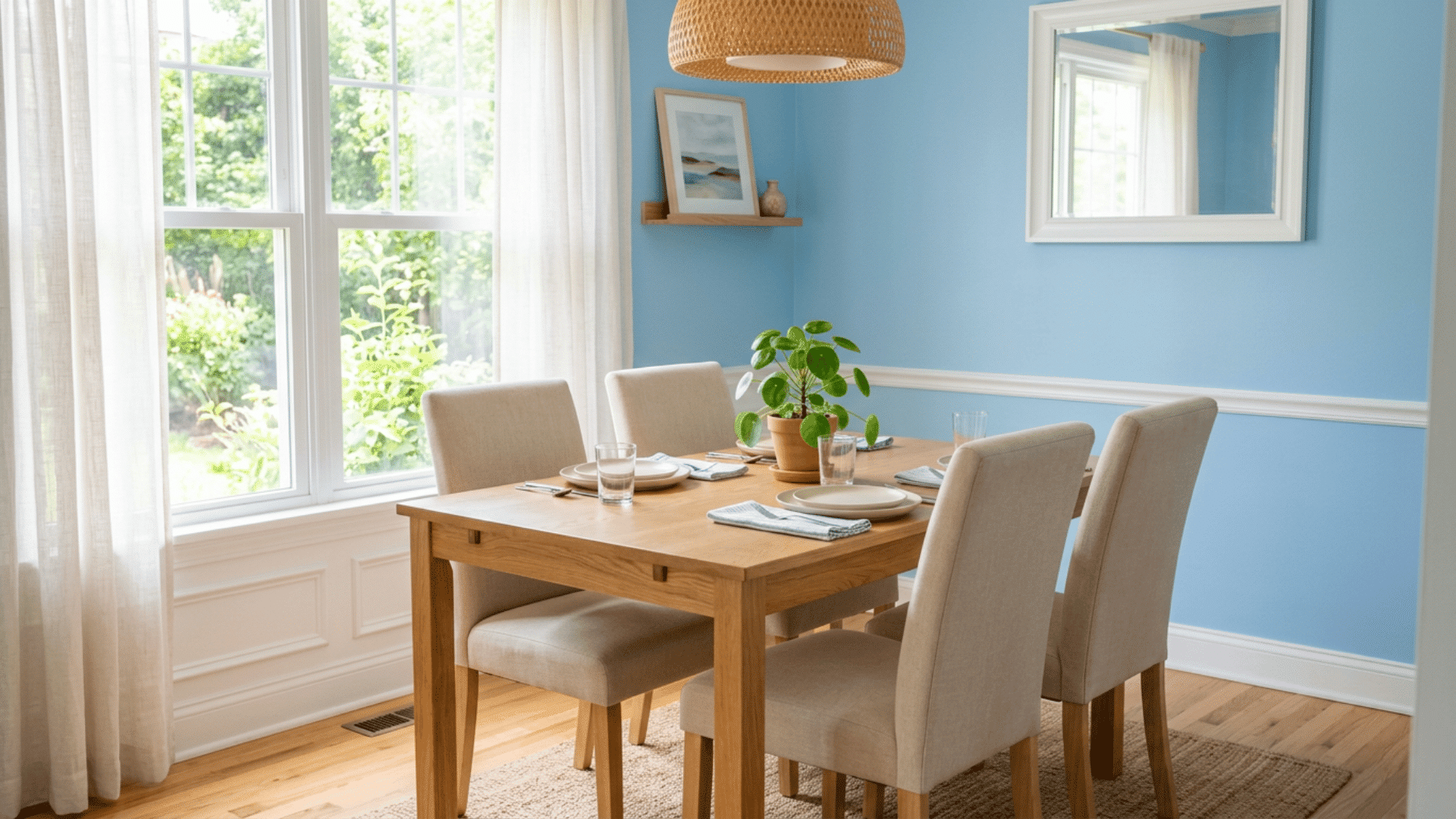 blue dining room with a wood table beige chairs woven pendant light plant place settings and bright garden windows