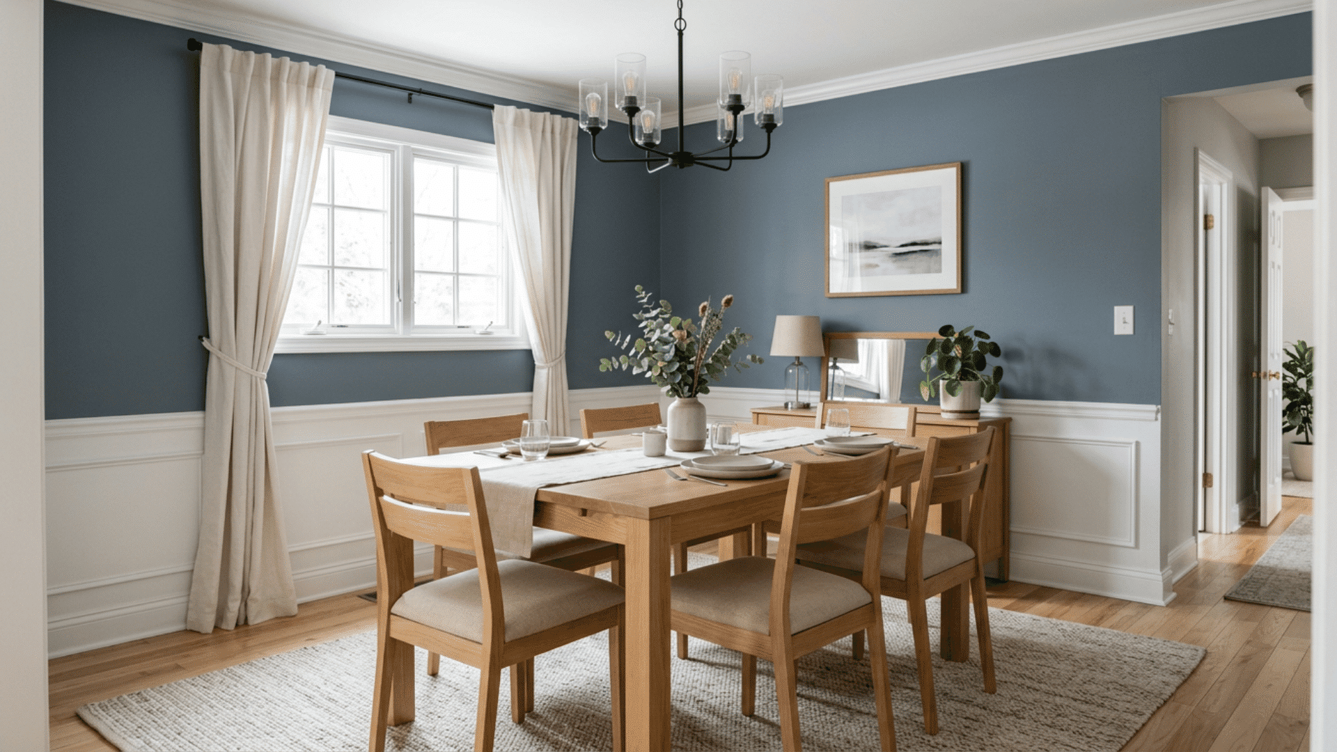 blue dining room with wooden table six chairs cream curtains black chandelier framed art and green plants
