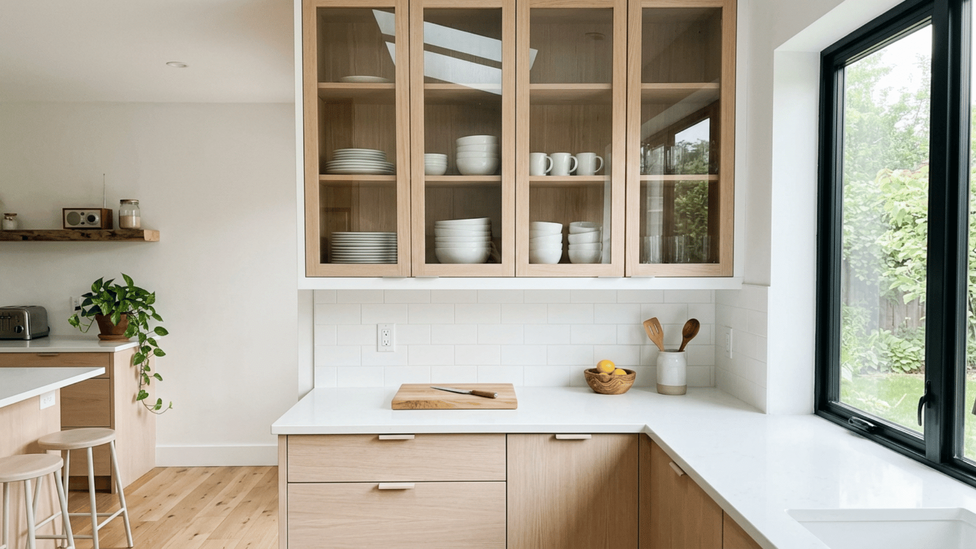 bright kitchen corner with glass front wood cabinets white counters black window frame plates bowls and cutting board