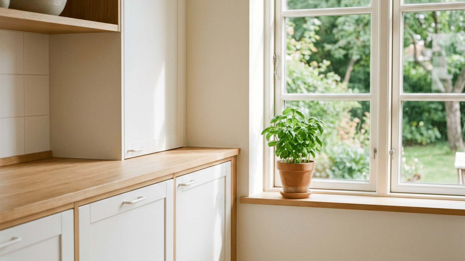 bright kitchen corner with white cabinets wood counters and a potted basil plant on a sunny window sill modern