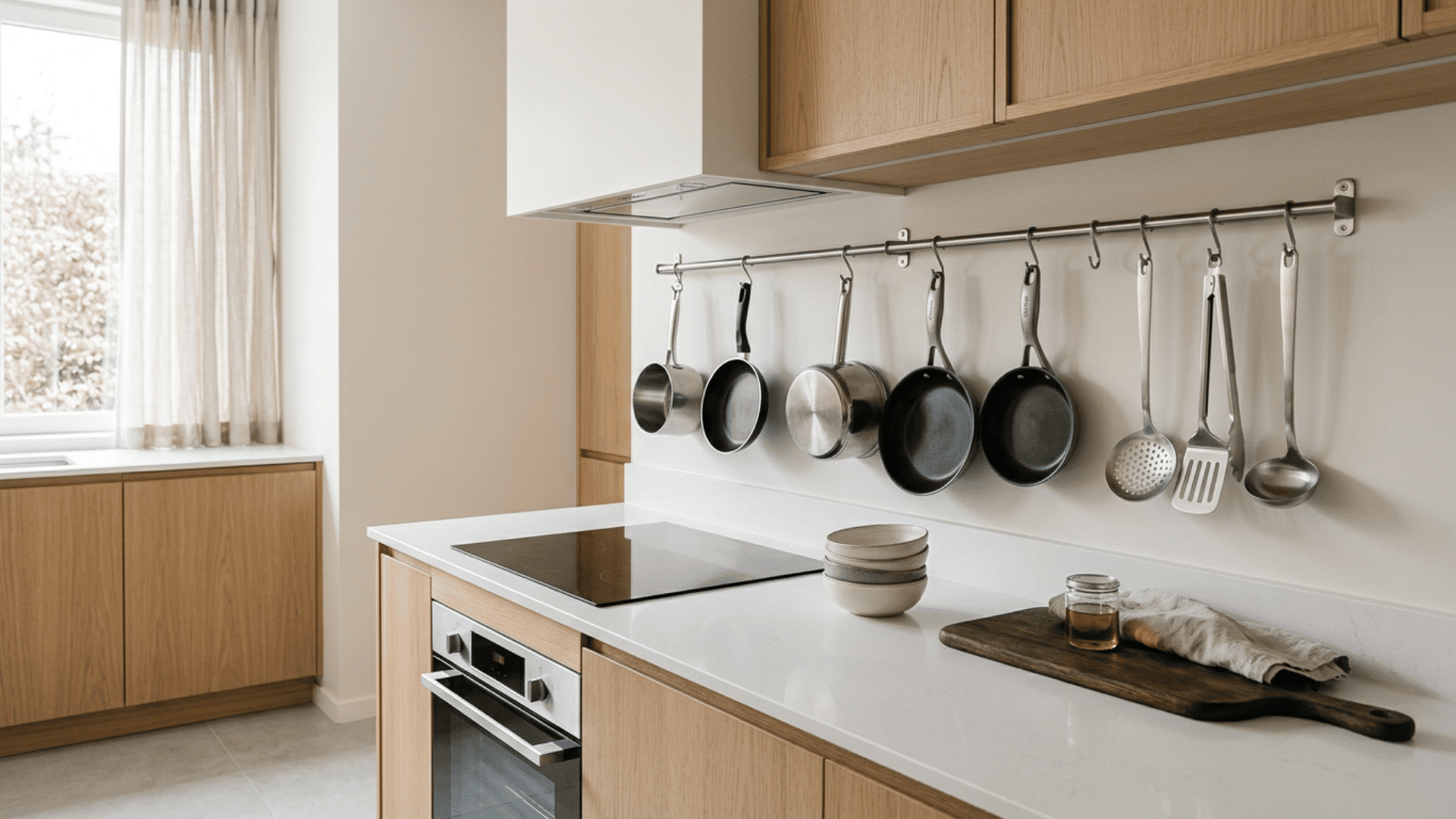 bright kitchen counter with hanging pans and utensils wood cabinets cooktop oven stacked bowls and cutting board