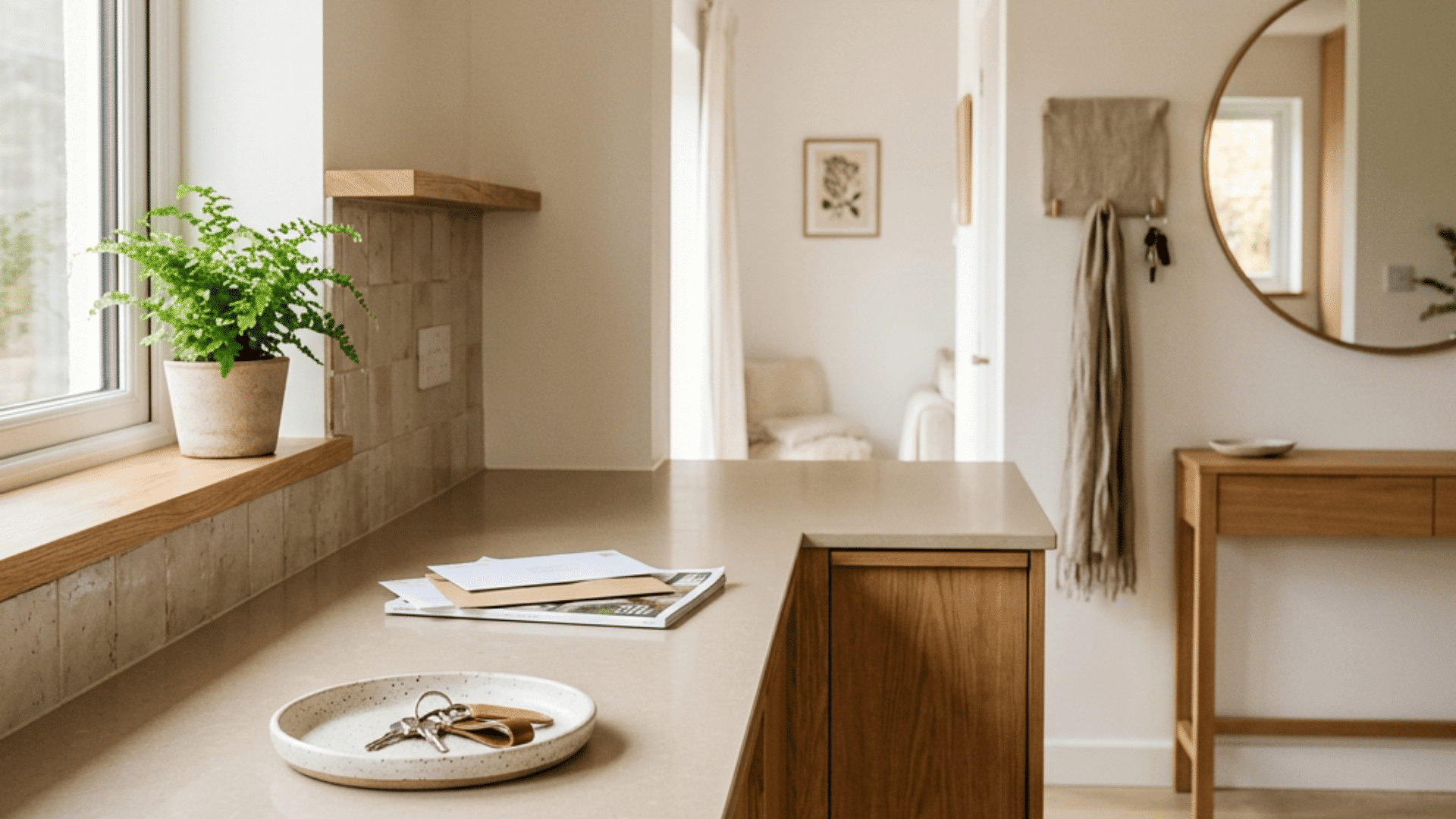 bright kitchen entry with potted fern on windowsill keys on tray and round mirror above a wood console