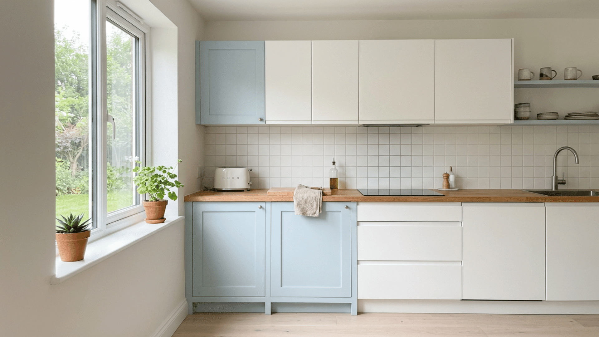 bright kitchen with pale blue lower cabinets white uppers wooden counter tile backsplash and potted plants on the window ledge