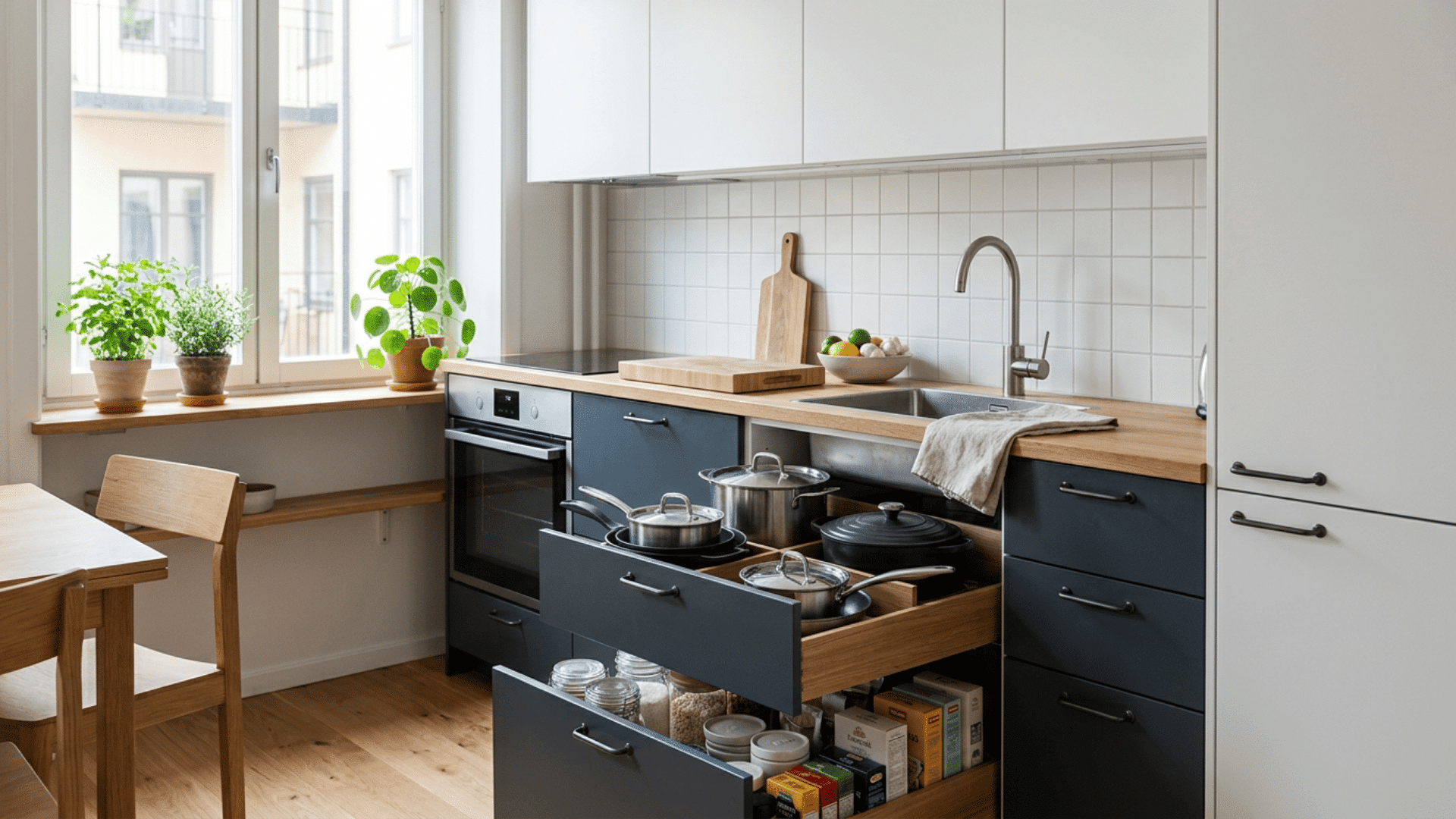 bright kitchen with white tile backsplash blue drawers open pot storage wood counter plants window and dining chair