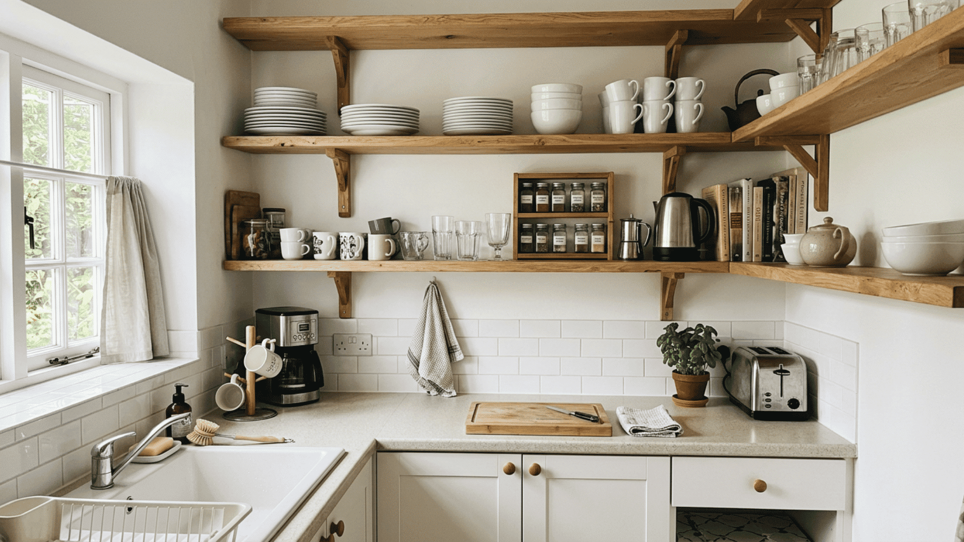 bright kitchen with wooden shelves stacked with plates mugs glasses books appliances and plants by a window