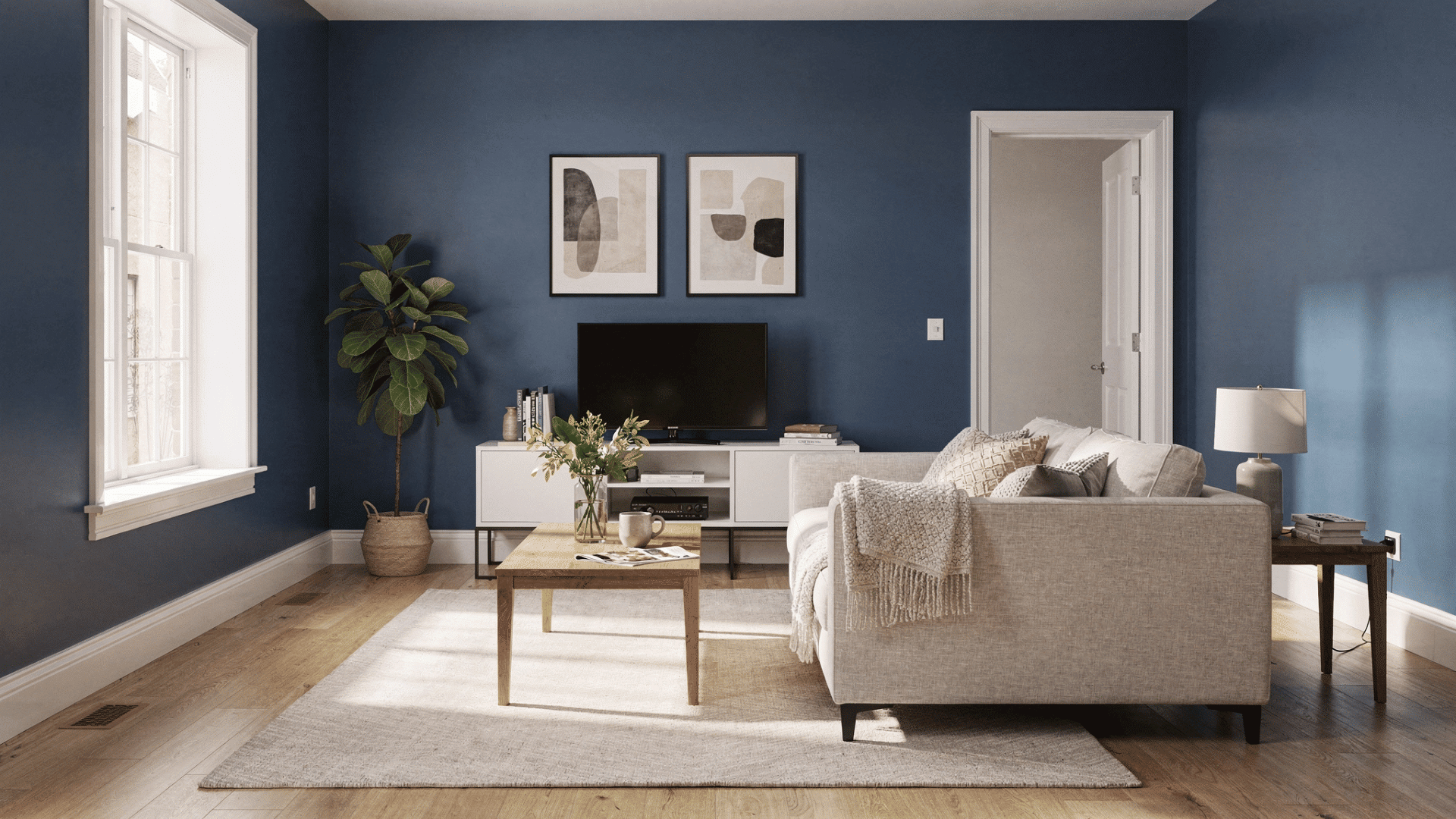 bright living room with satin painted walls and semi gloss white trim showing clear finish contrast in natural light
