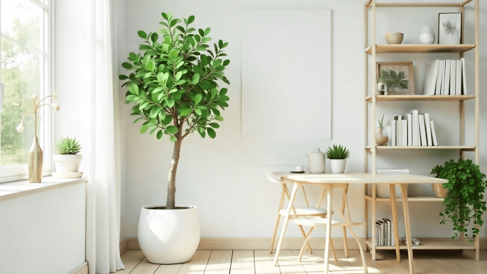 bright minimalist room with a large potted plant by the window a wooden desk with chairs and a tall wooden bookshelf