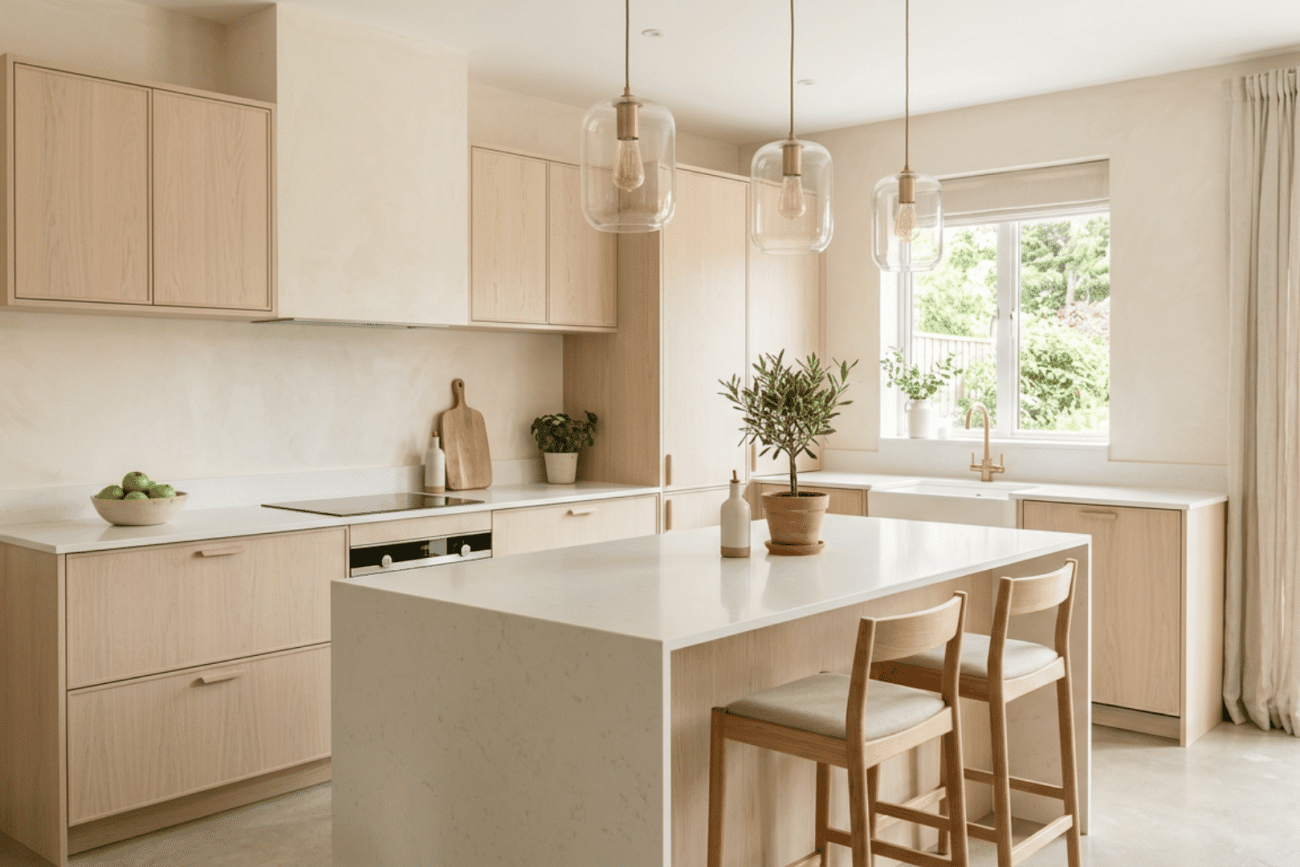 bright modern kitchen with pale wood cabinets white island glass pendant lights potted plant and garden view through windows