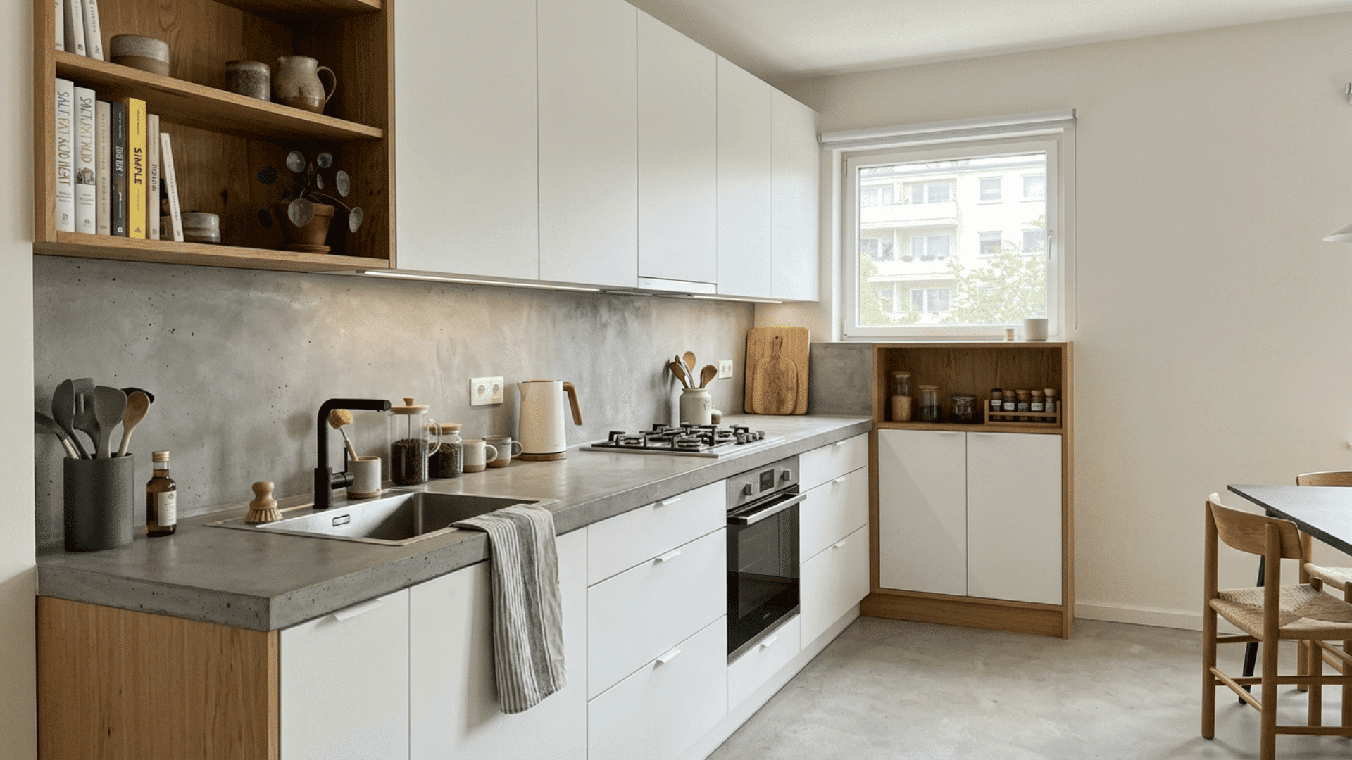 bright modern kitchen with white cabinets concrete counters wooden shelves and a window beside a dining table