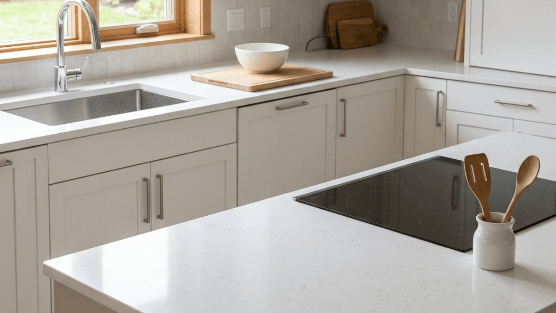 bright white kitchen with large island sink window cooktop wooden utensils and a bowl on a cutting board
