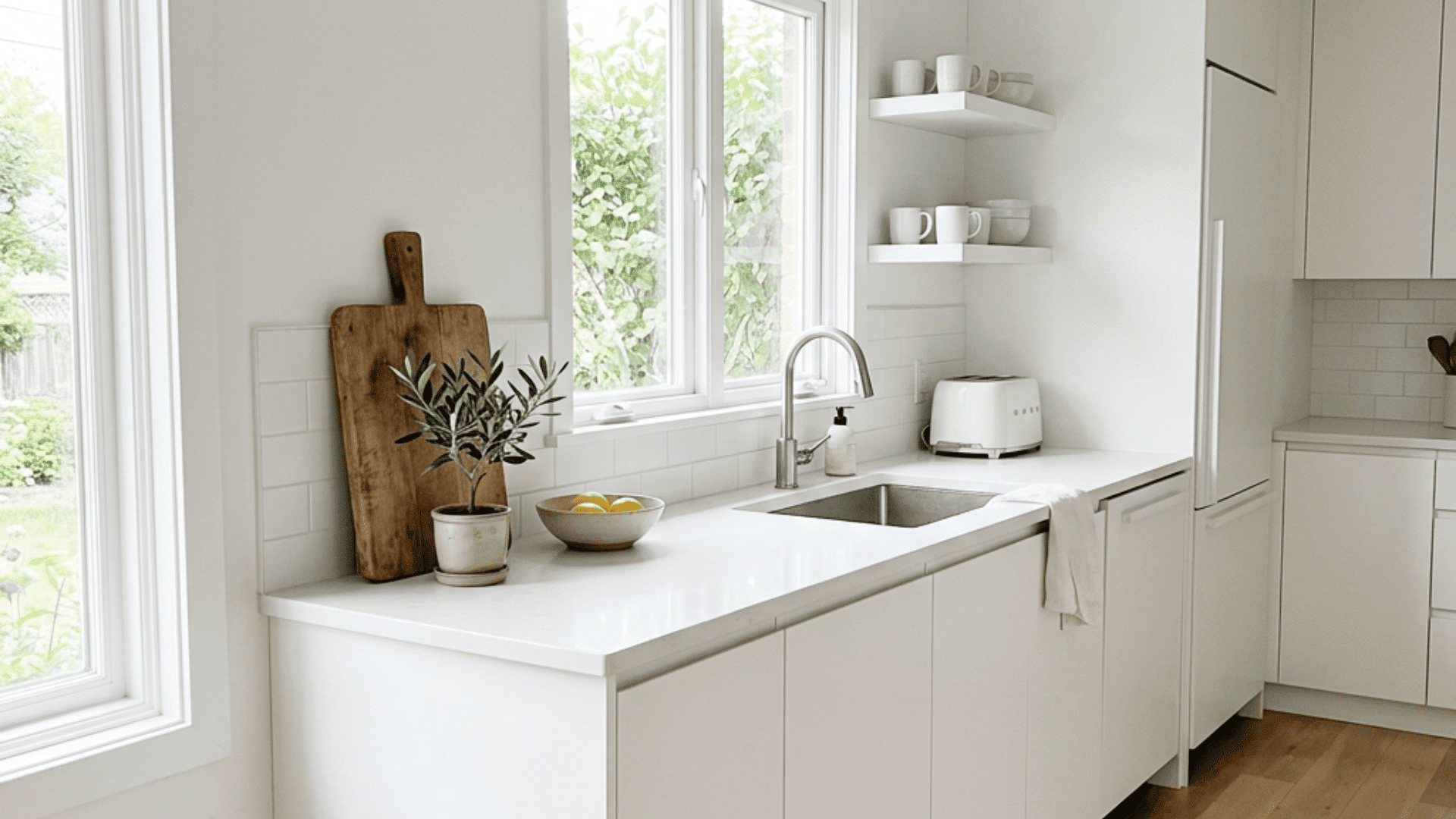 bright white kitchen with large windows a sink white cabinets open shelves and a plant beside a wooden board