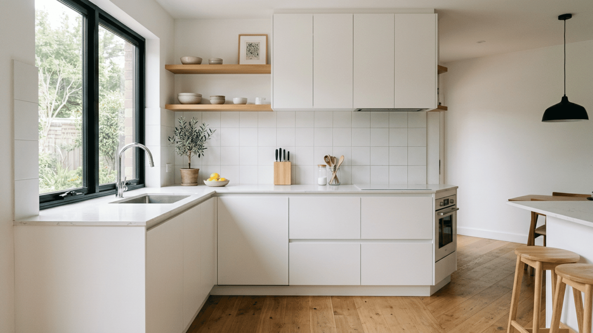 bright white modern kitchen with black framed garden window wood shelves marble counters and wooden stools