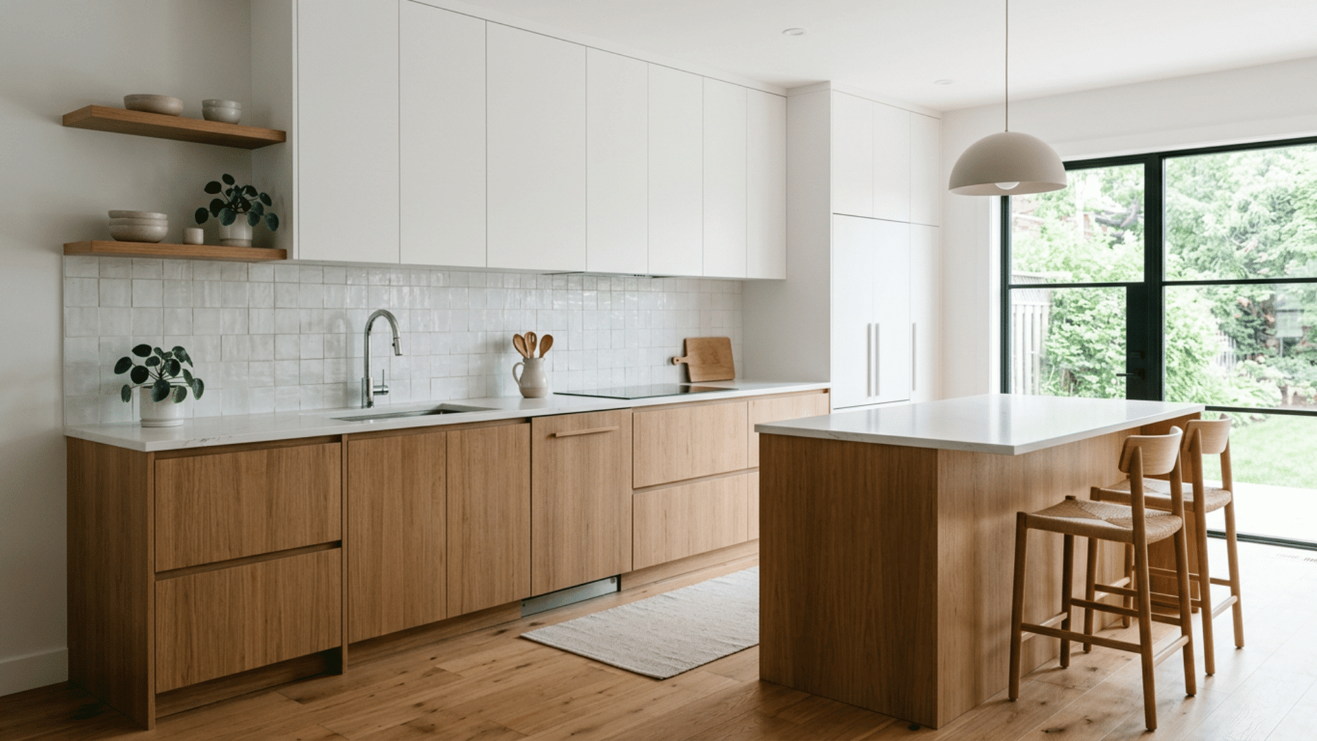 bright wood and white kitchen with island stools open shelves glossy tile backsplash and garden doors with black frame