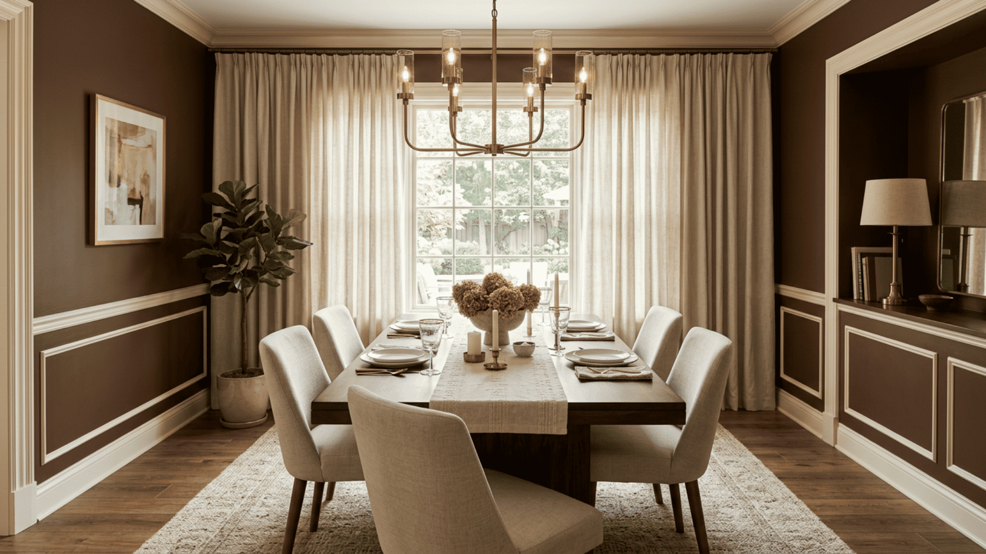 brown dining room with cream chairs a wood table chandelier plant wall art and curtains framing a bright window