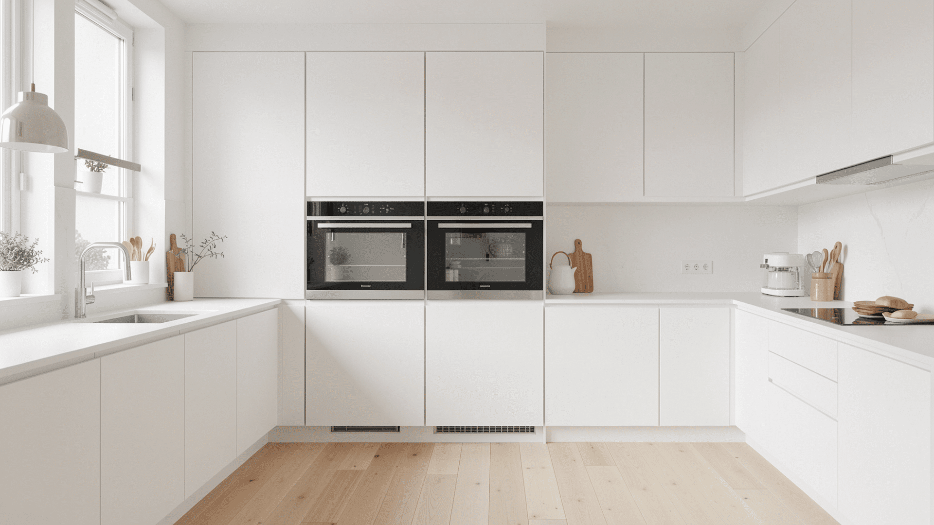 built in appliances hidden behind white cabinet panels clean countertops minimal scandi kitchen
