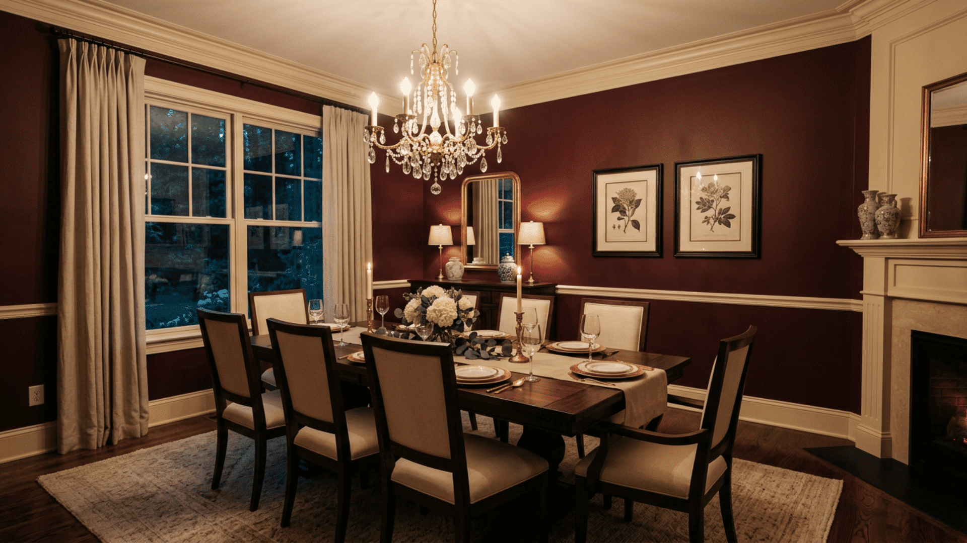 burgundy dining room at dusk with a crystal chandelier candles set table cream chairs and a glowing fireplace