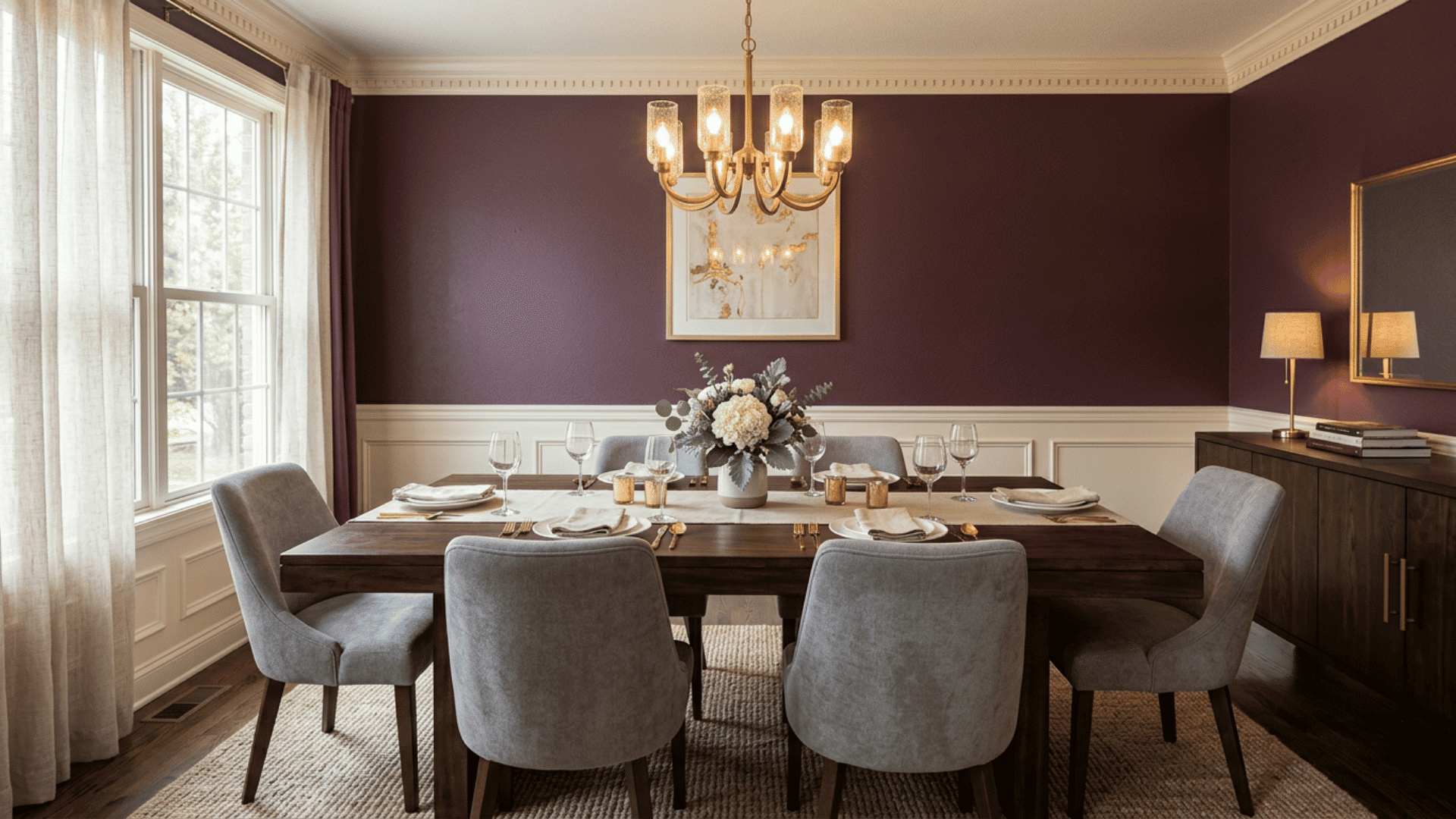 burgundy dining room with a wooden table gray chairs chandelier flowers and cream curtains by a large window