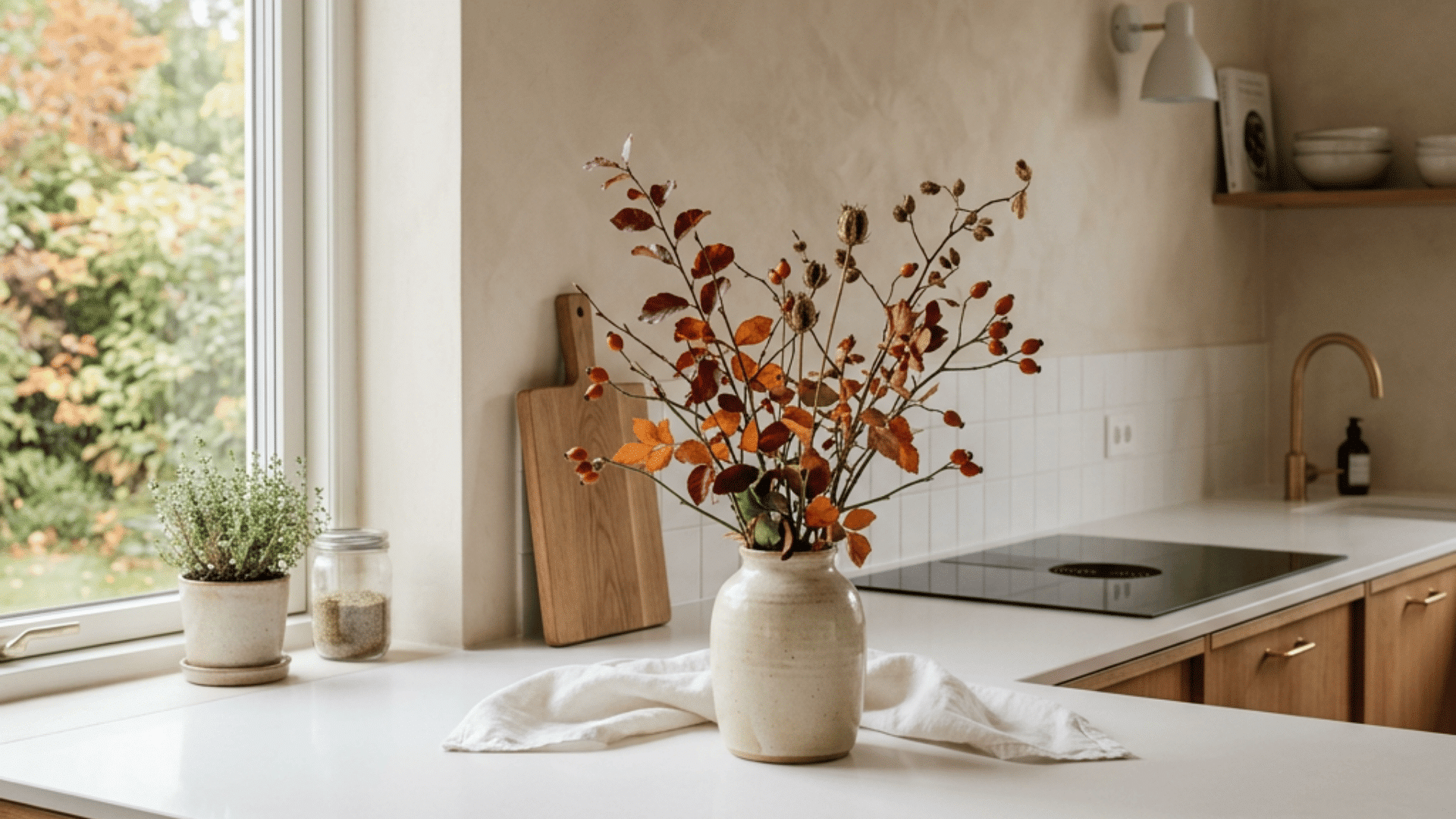 ceramic vase with autumn branches on a white kitchen island beside a window and warm wood cabinets