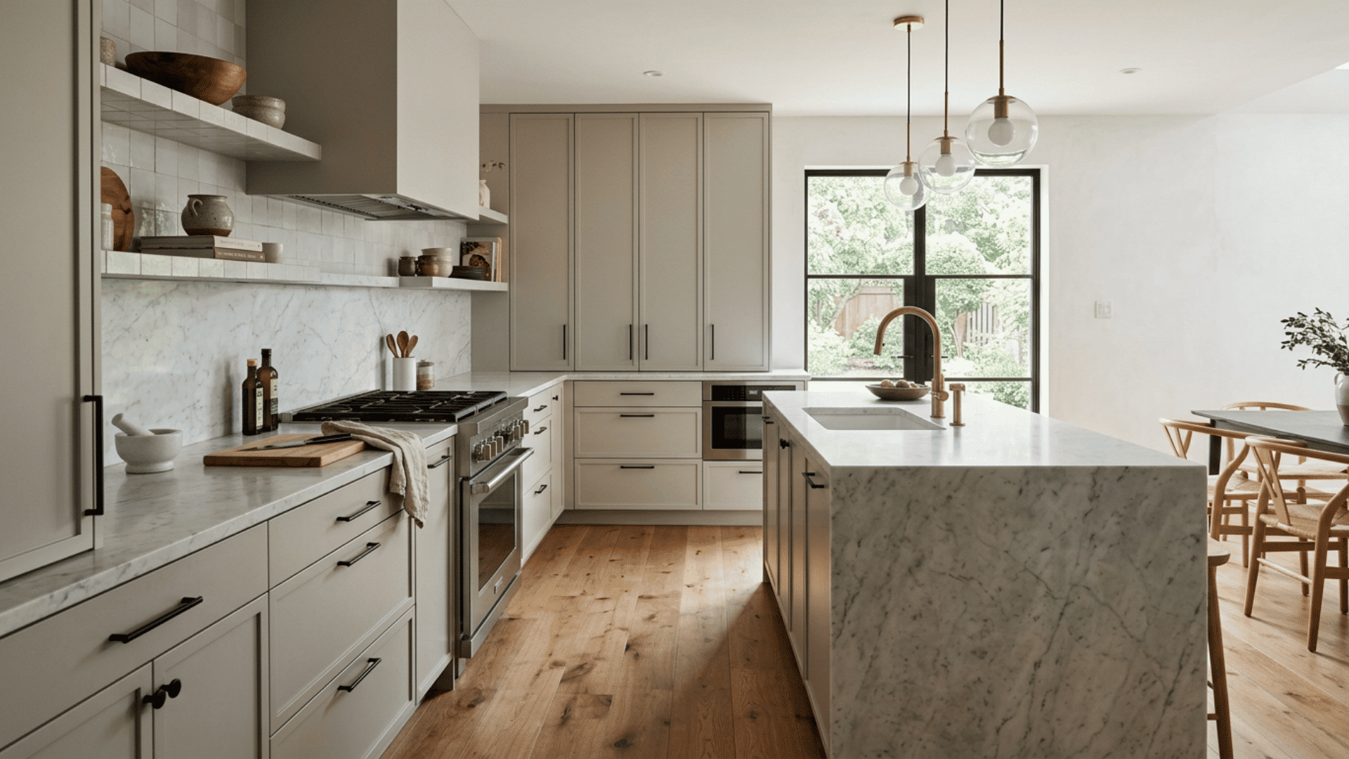 classic cream kitchen with marble island brass faucet glass pendant lights open shelves range and garden window