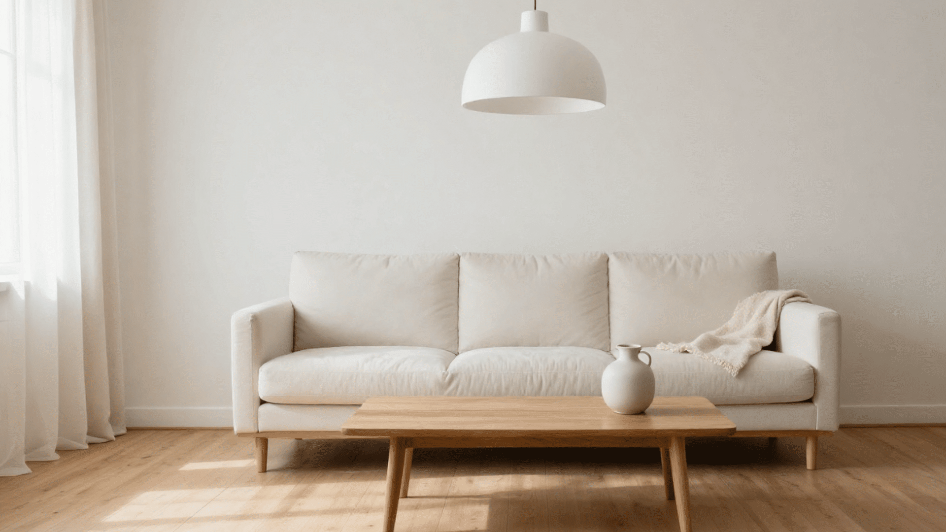 classic nordic living room with low profile sofa open wood floors and single pendant light