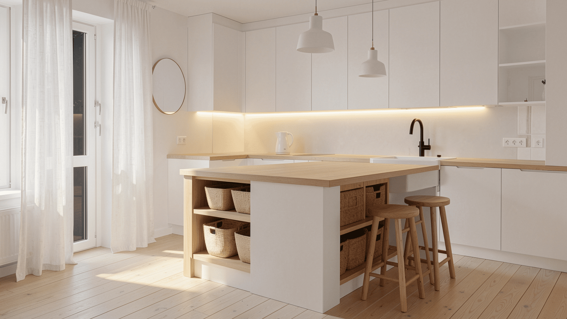 clear countertops white kettle pale oak worktop white handleless cabinets soft daylight scandi kitchen