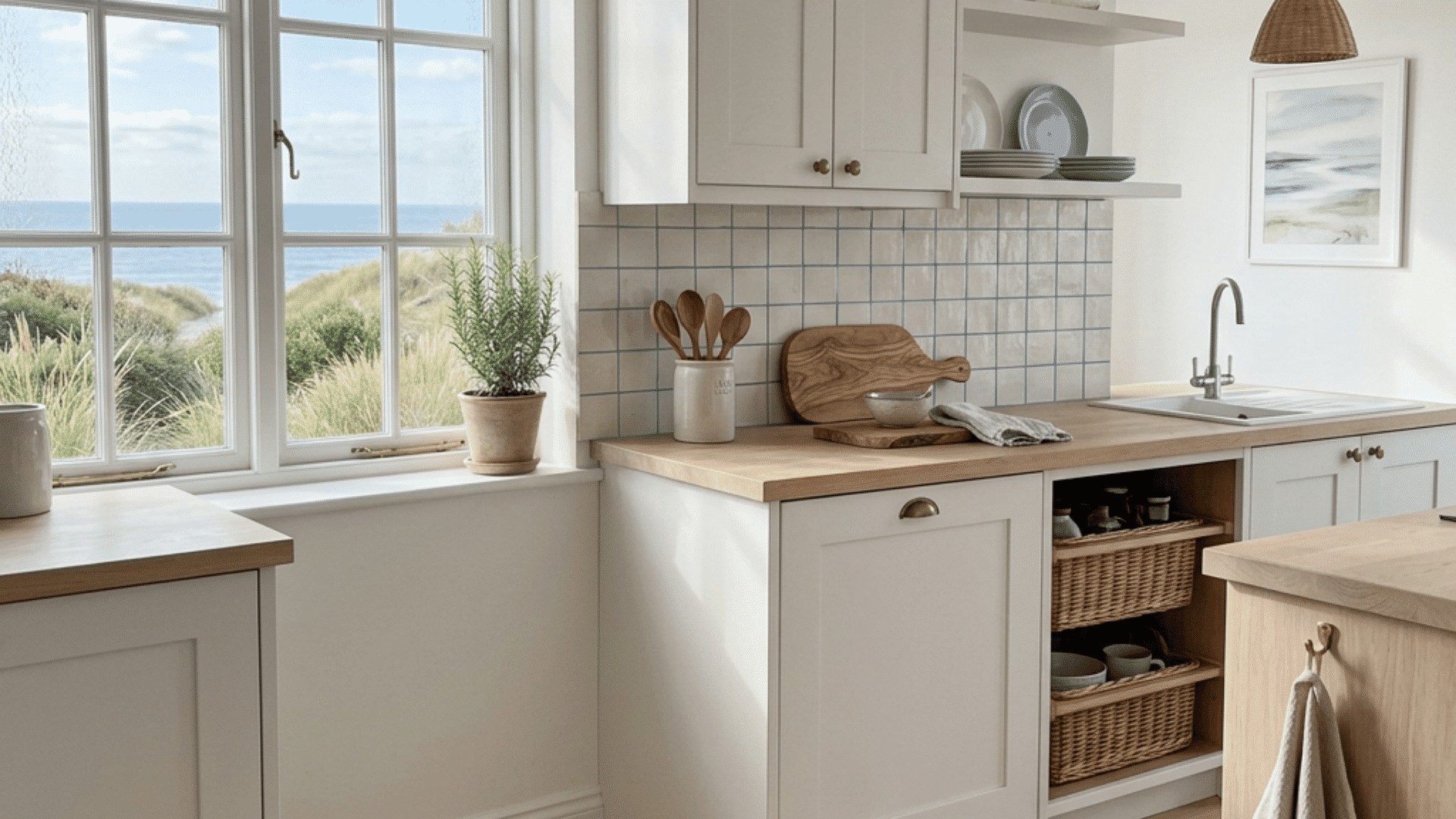 coastal kitchen with cream cabinets wood counters tiled backsplash open shelves and a large window facing the sea