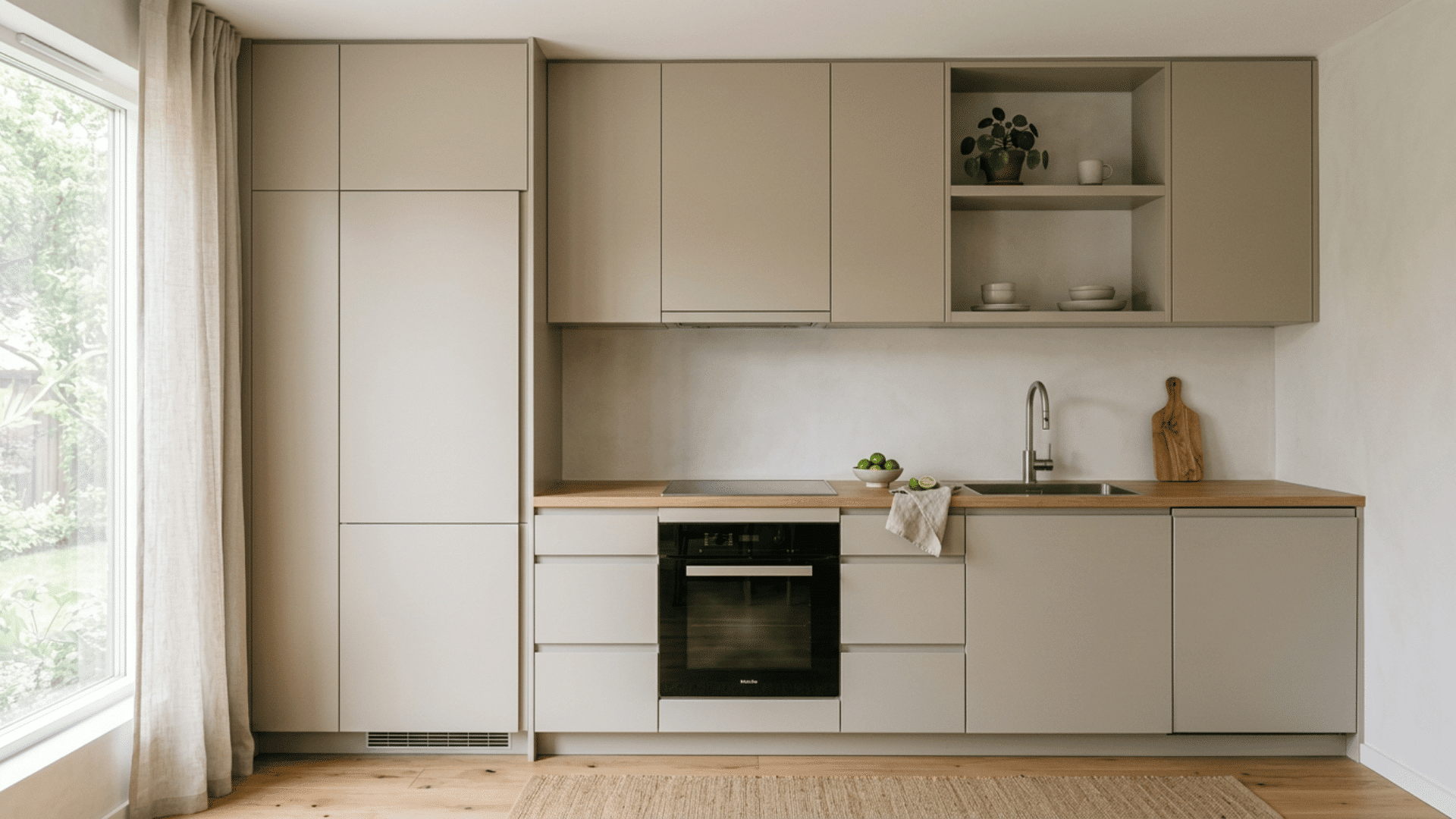 compact beige kitchen with tall fridge wood countertop sink oven open shelves potted plant and large curtained window
